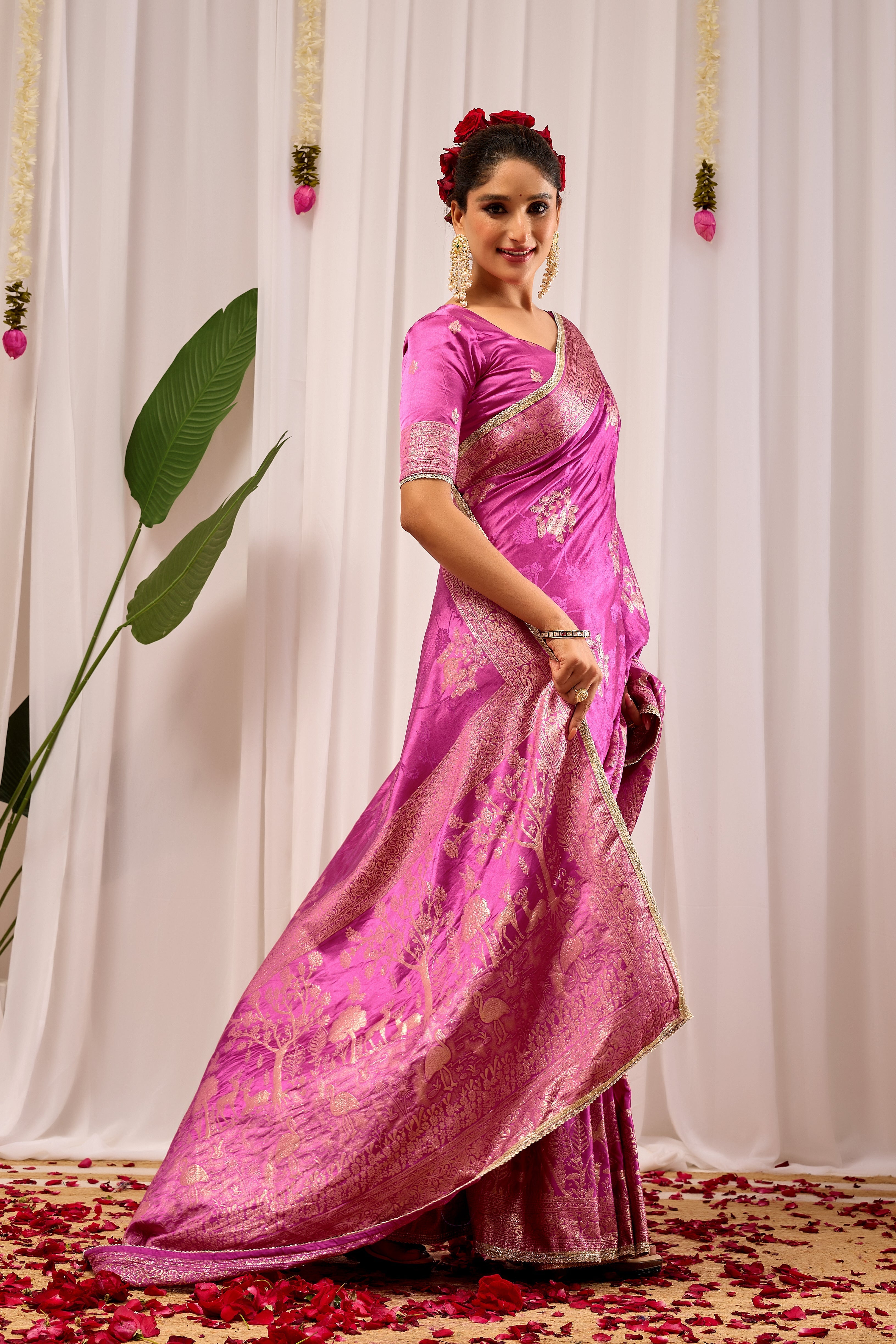 Royal Orchid Pink Satin Silk by Icultuer with Intricate Gold Zari Border