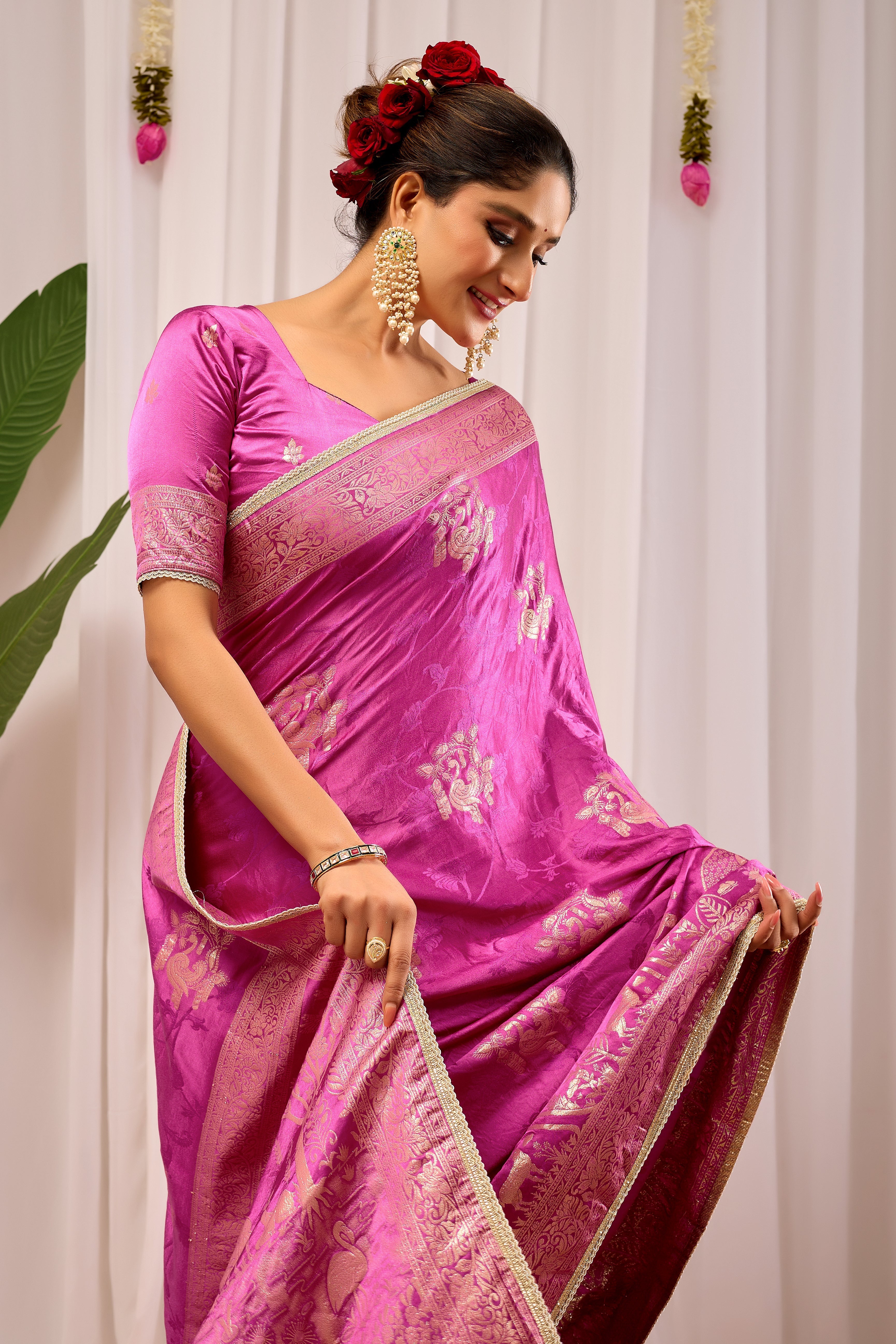 Royal Orchid Pink Satin Silk by Icultuer with Intricate Gold Zari Border