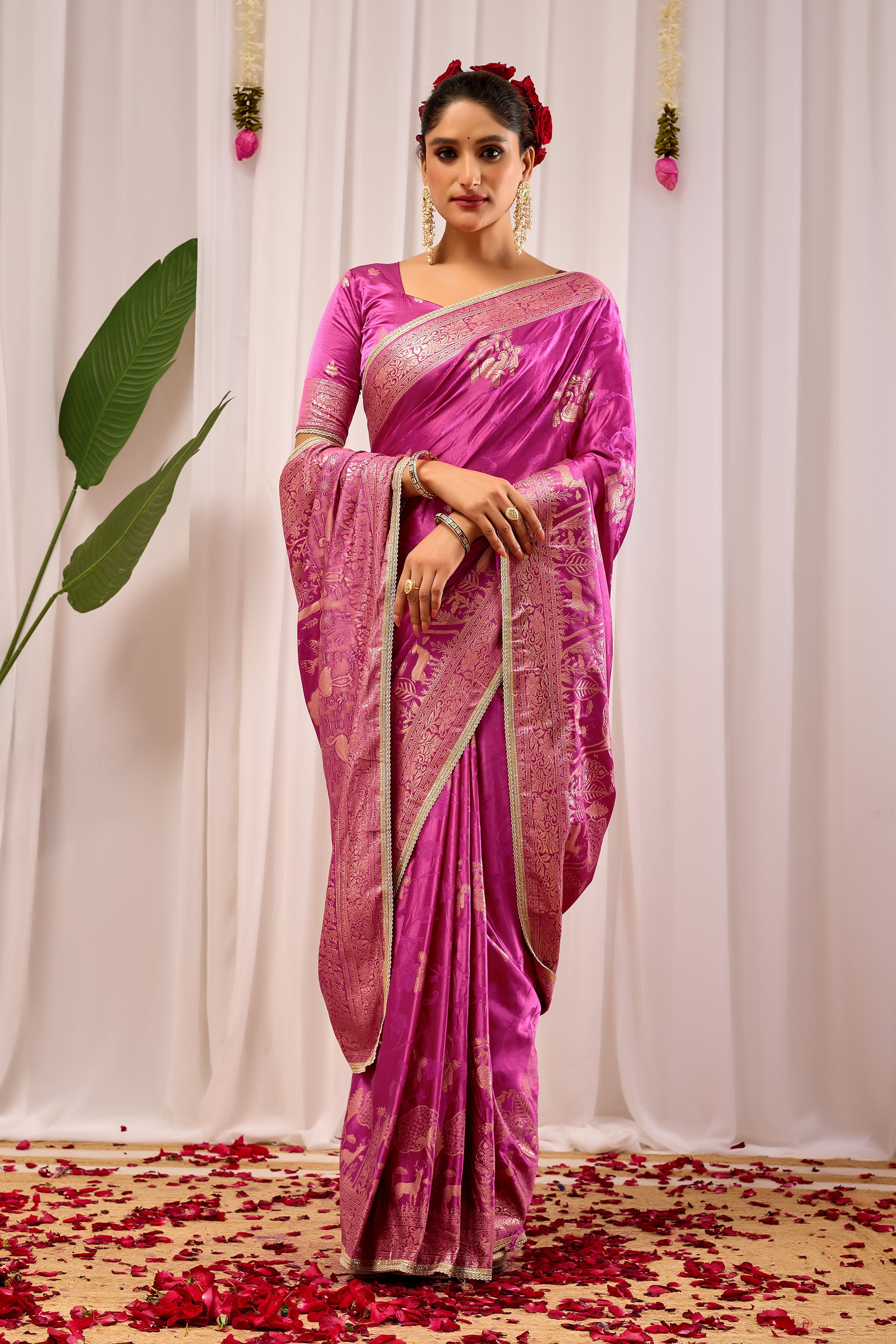 Royal Orchid Pink Satin Silk by Icultuer with Intricate Gold Zari Border