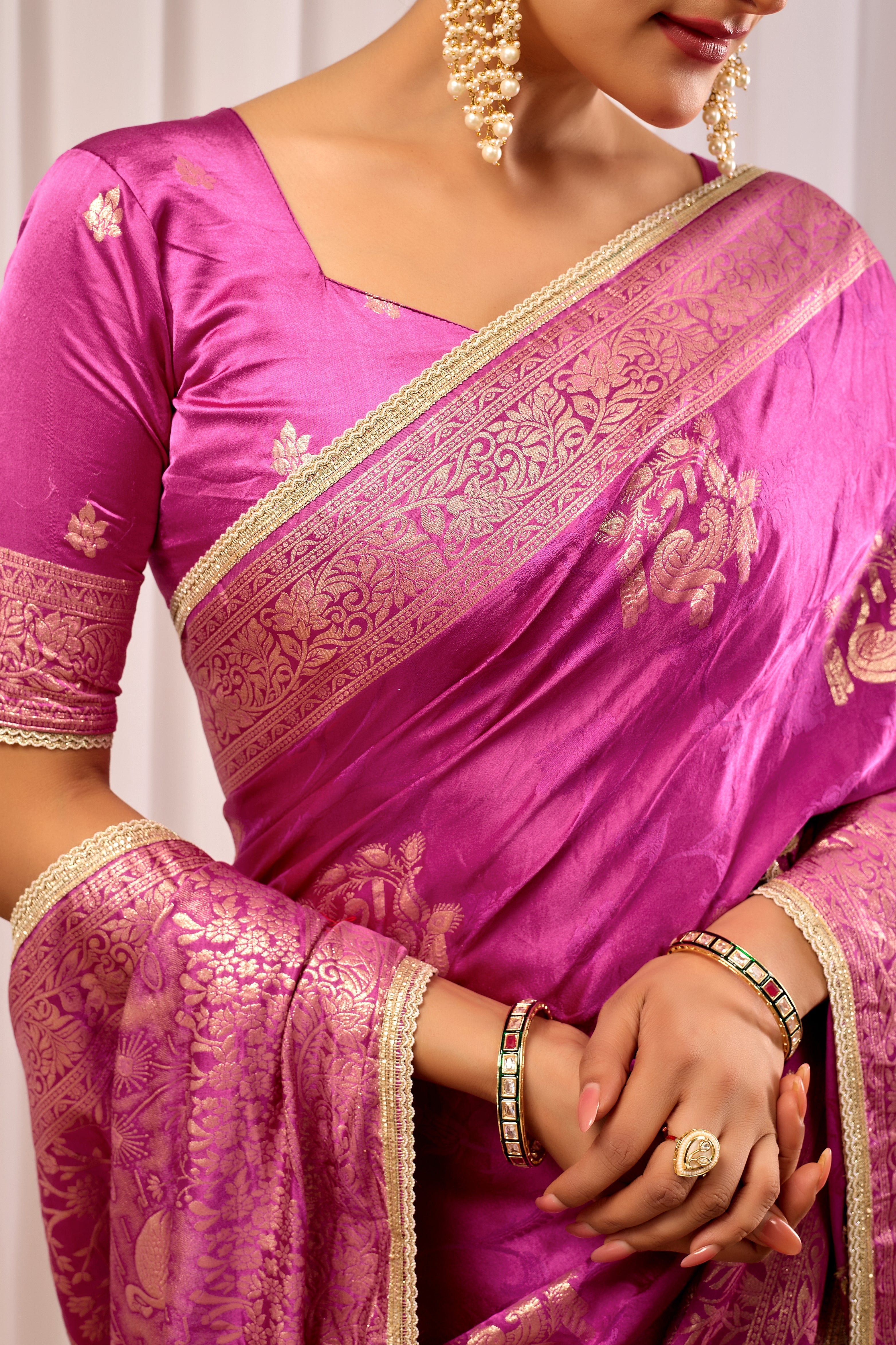 Royal Orchid Pink Satin Silk by Icultuer with Intricate Gold Zari Border