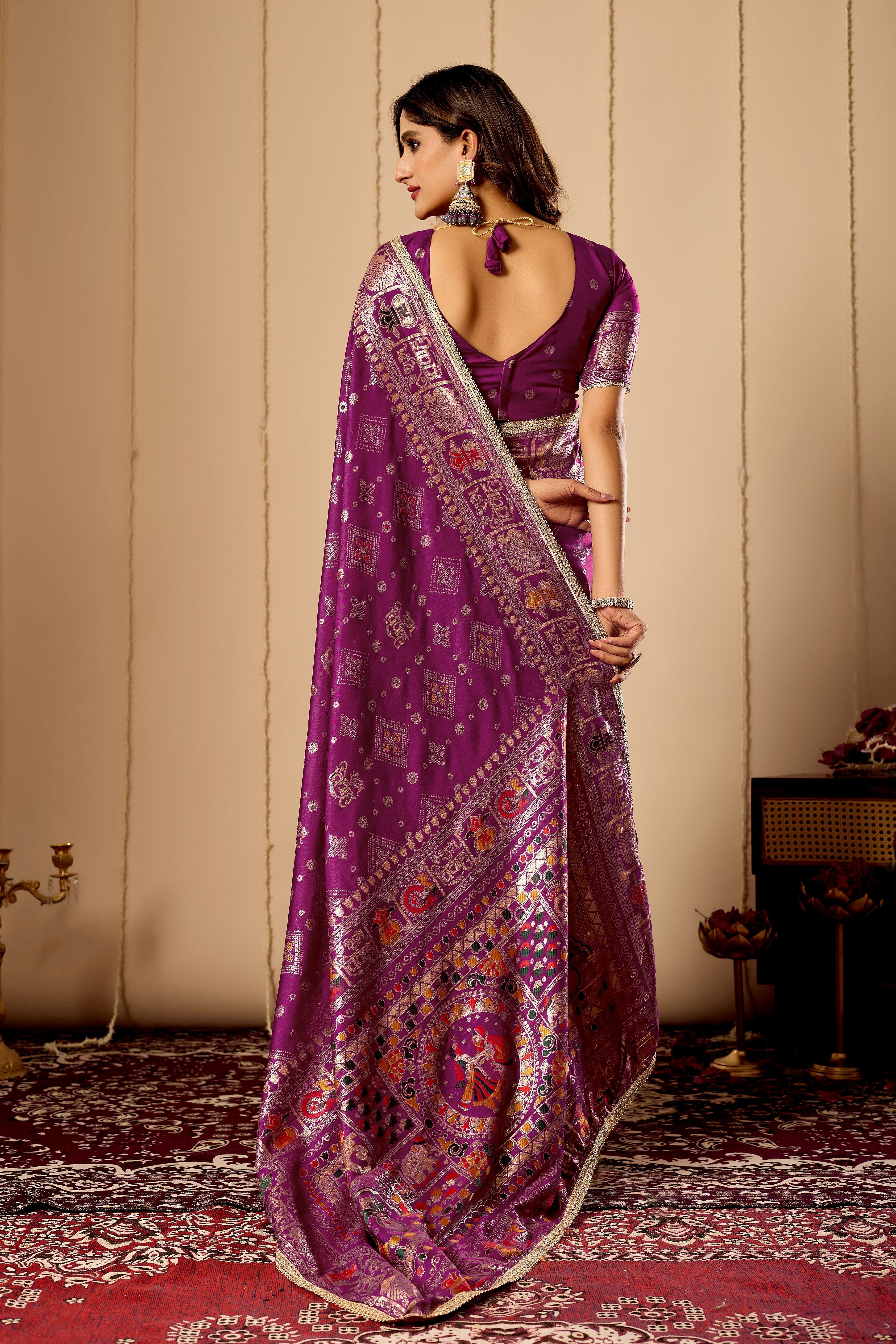 Royal Amethyst Heritage Satin Silk by Icultuer with Intricate Zari Detailing