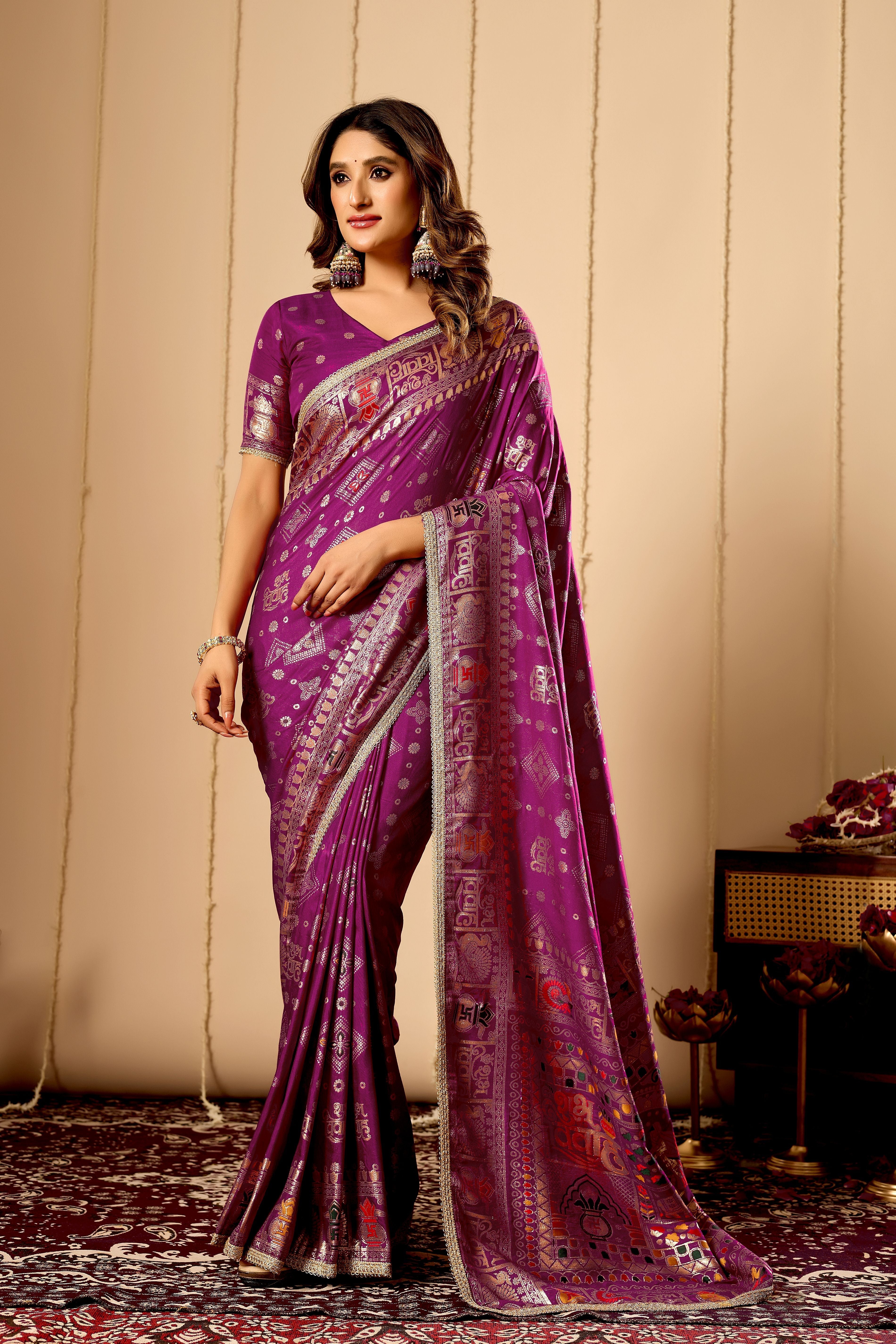 Royal Amethyst Heritage Satin Silk by Icultuer with Intricate Zari Detailing