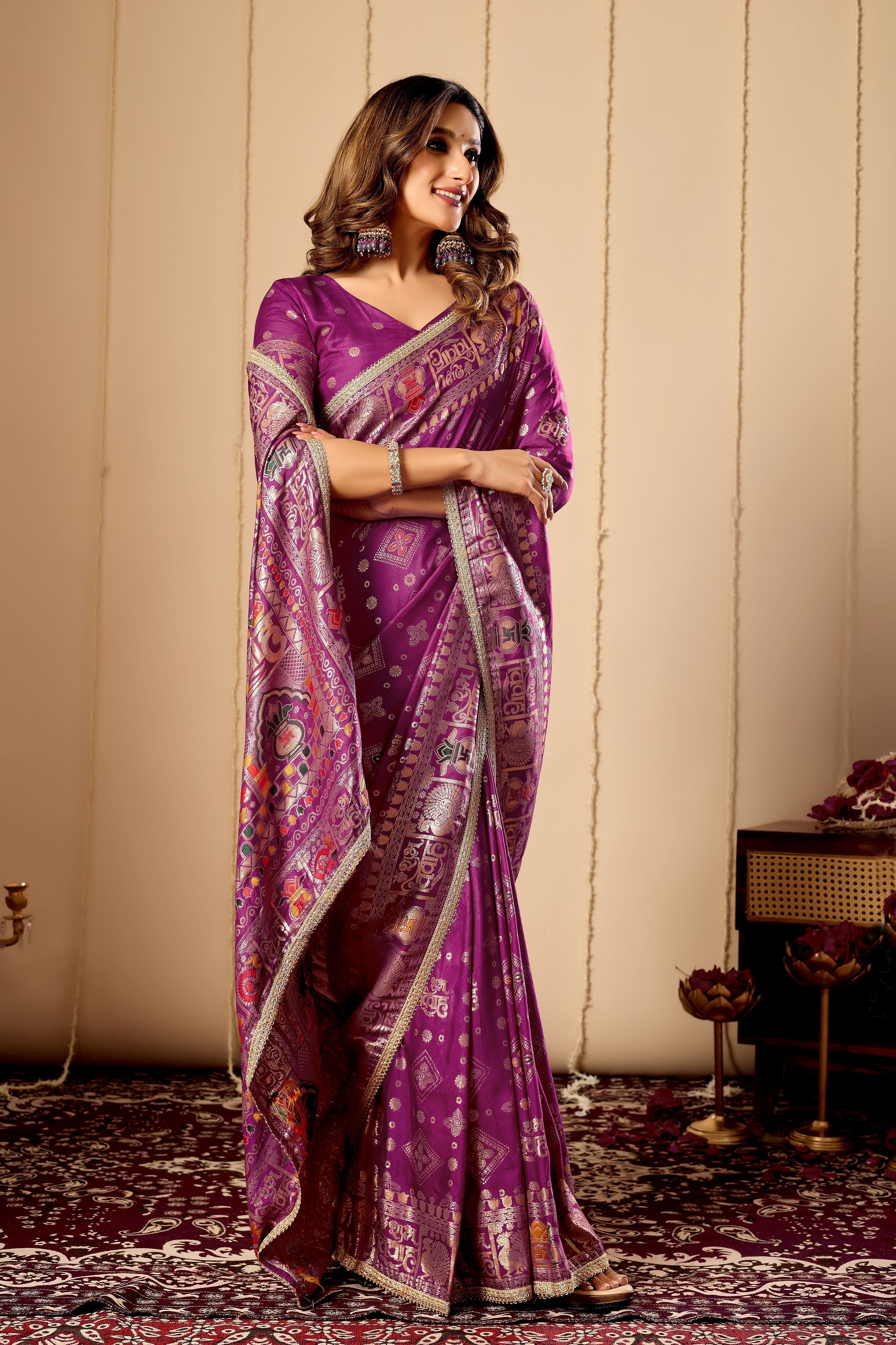 Royal Amethyst Heritage Satin Silk by Icultuer with Intricate Zari Detailing