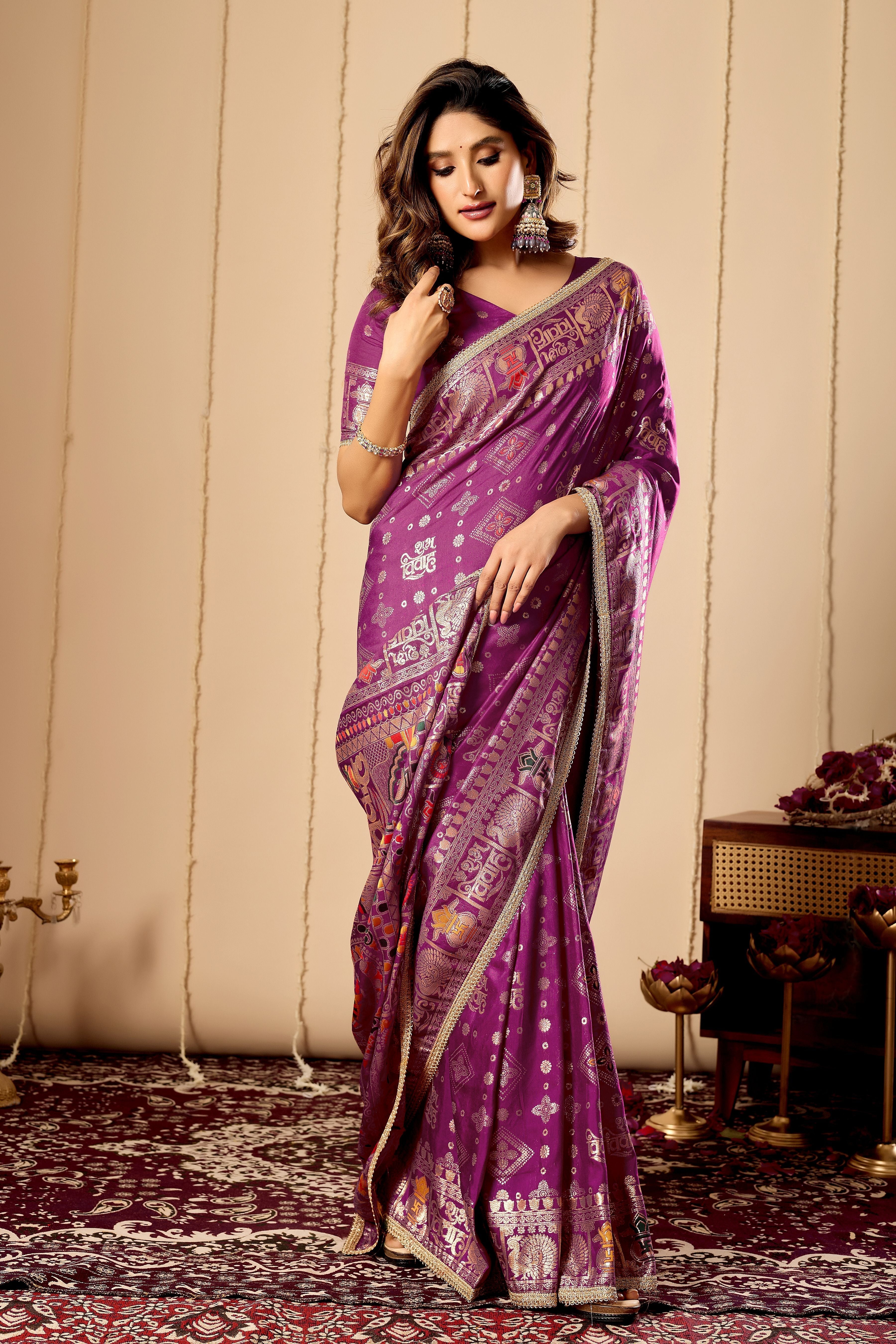 Royal Amethyst Heritage Satin Silk by Icultuer with Intricate Zari Detailing