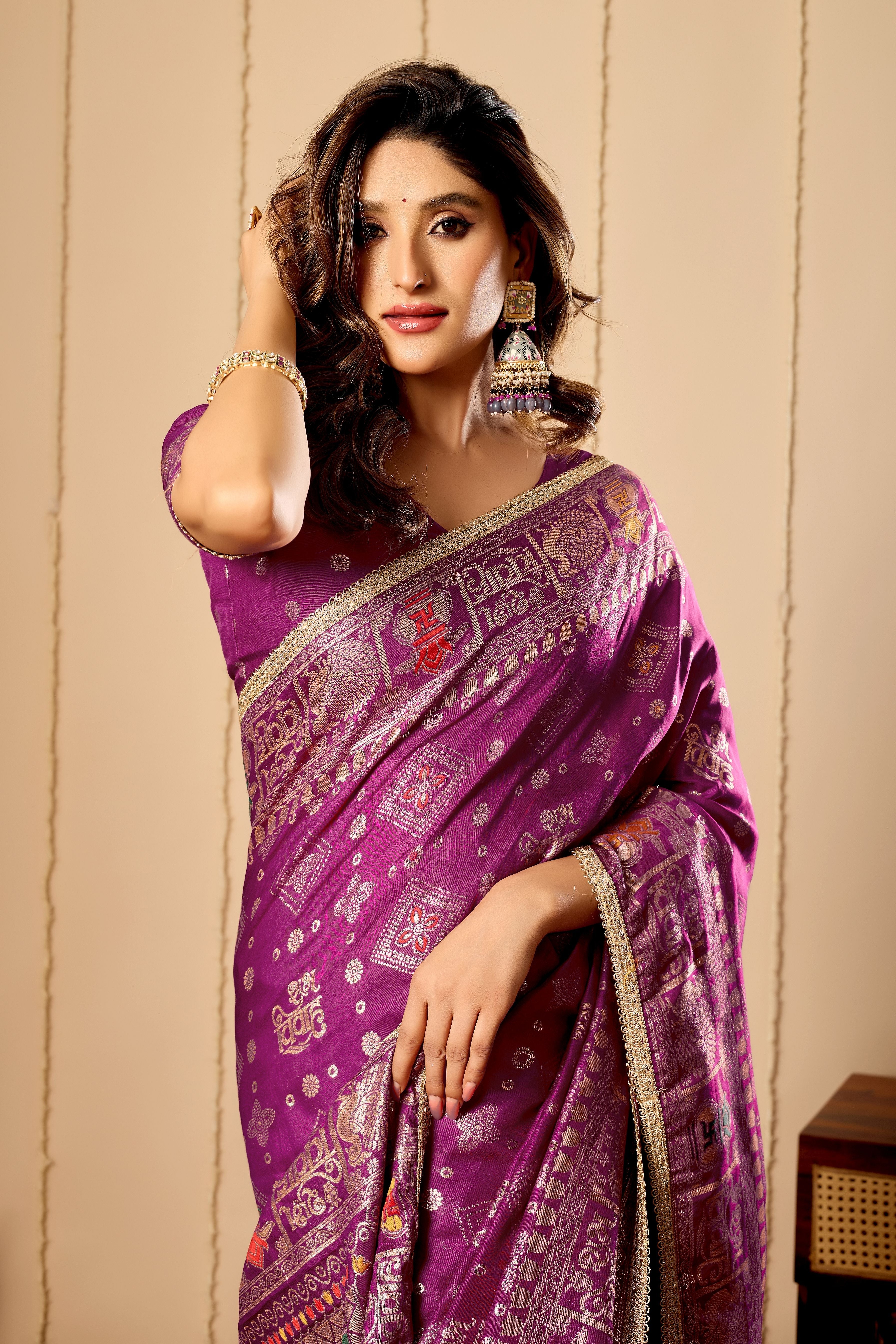 Royal Amethyst Heritage Satin Silk by Icultuer with Intricate Zari Detailing