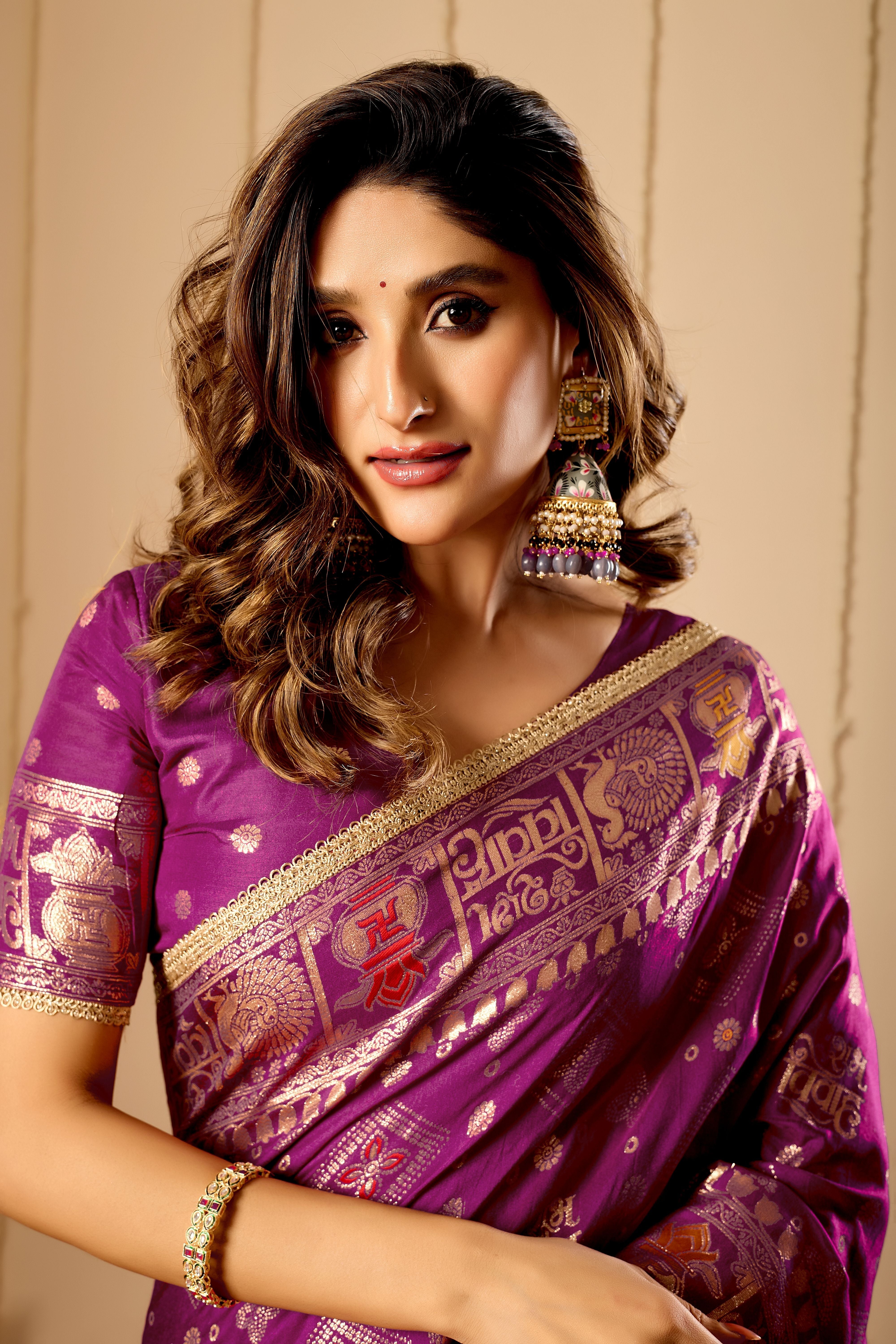 Royal Amethyst Heritage Satin Silk by Icultuer with Intricate Zari Detailing