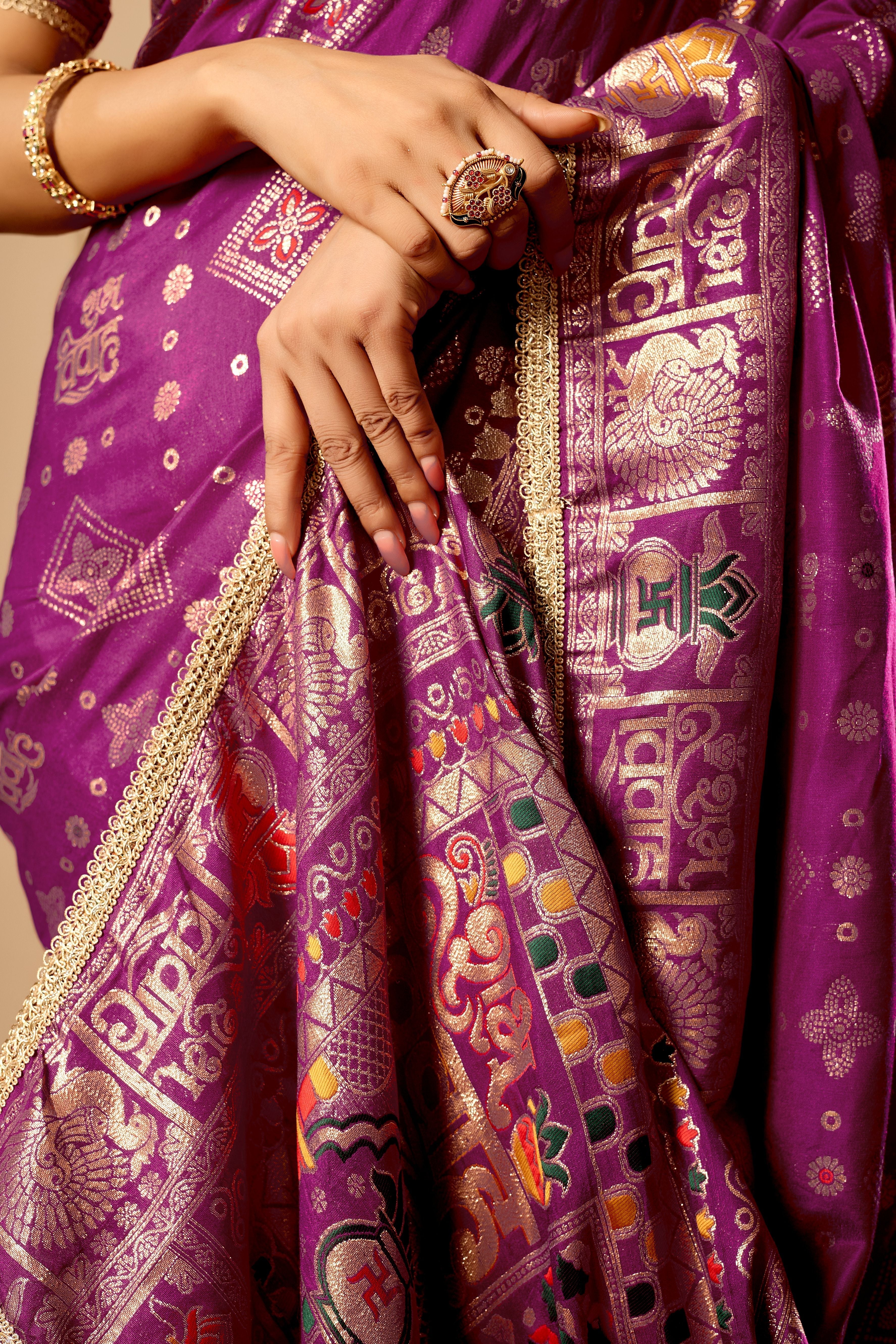 Royal Amethyst Heritage Satin Silk by Icultuer with Intricate Zari Detailing