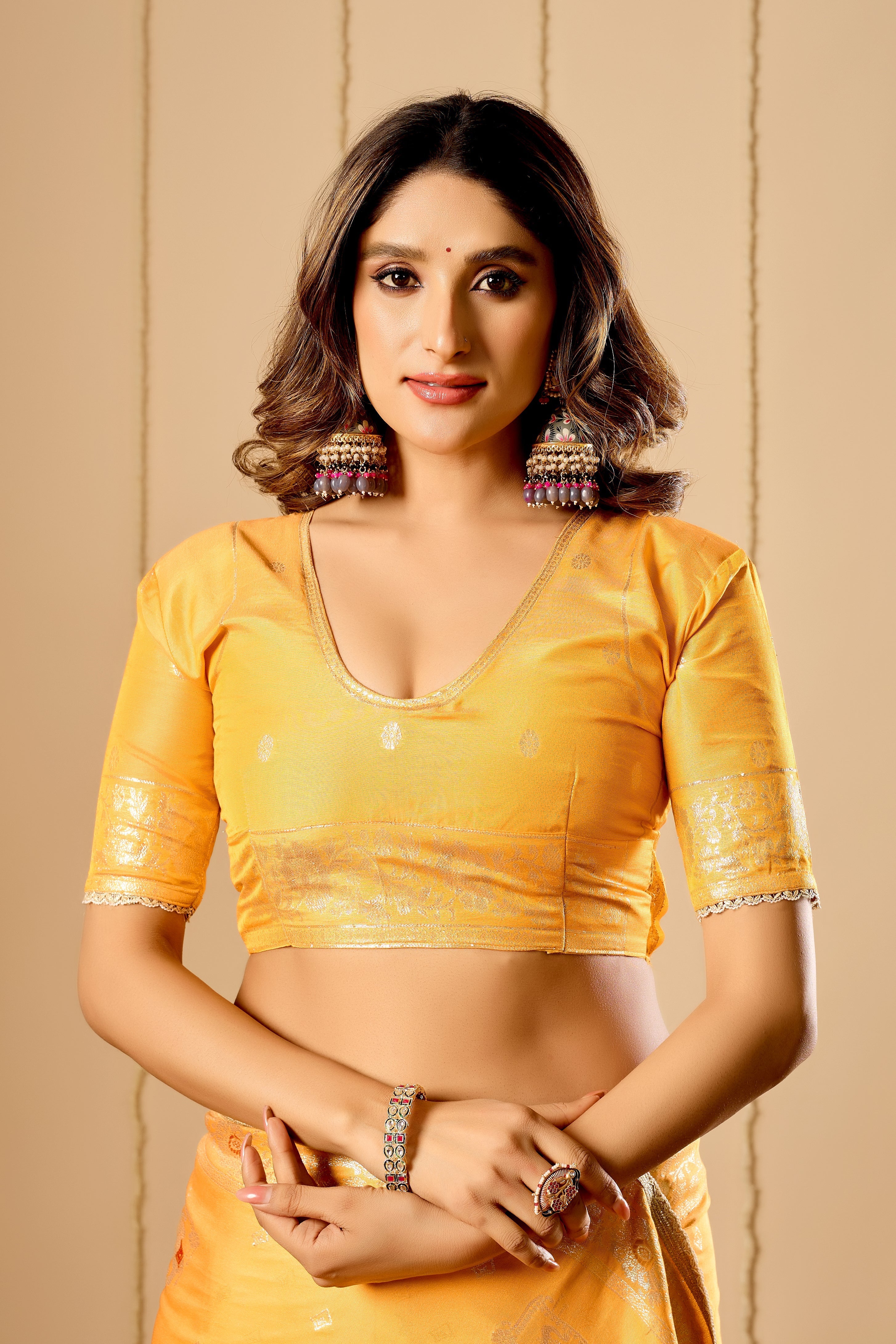 Marigold Gold Heritage satin Silk by Icultuer with Artistic Pallu Motifs