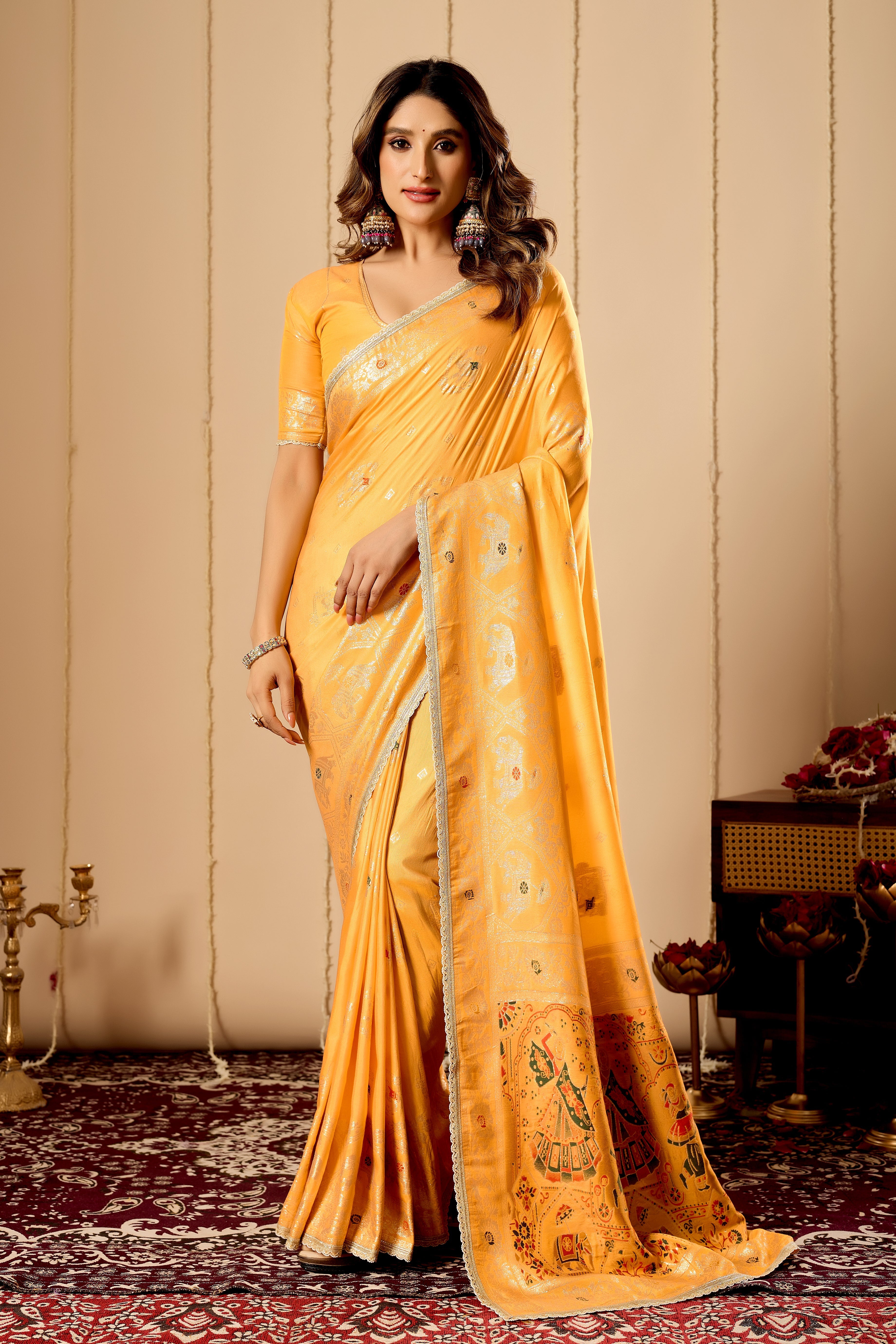 Marigold Gold Heritage satin Silk by Icultuer with Artistic Pallu Motifs
