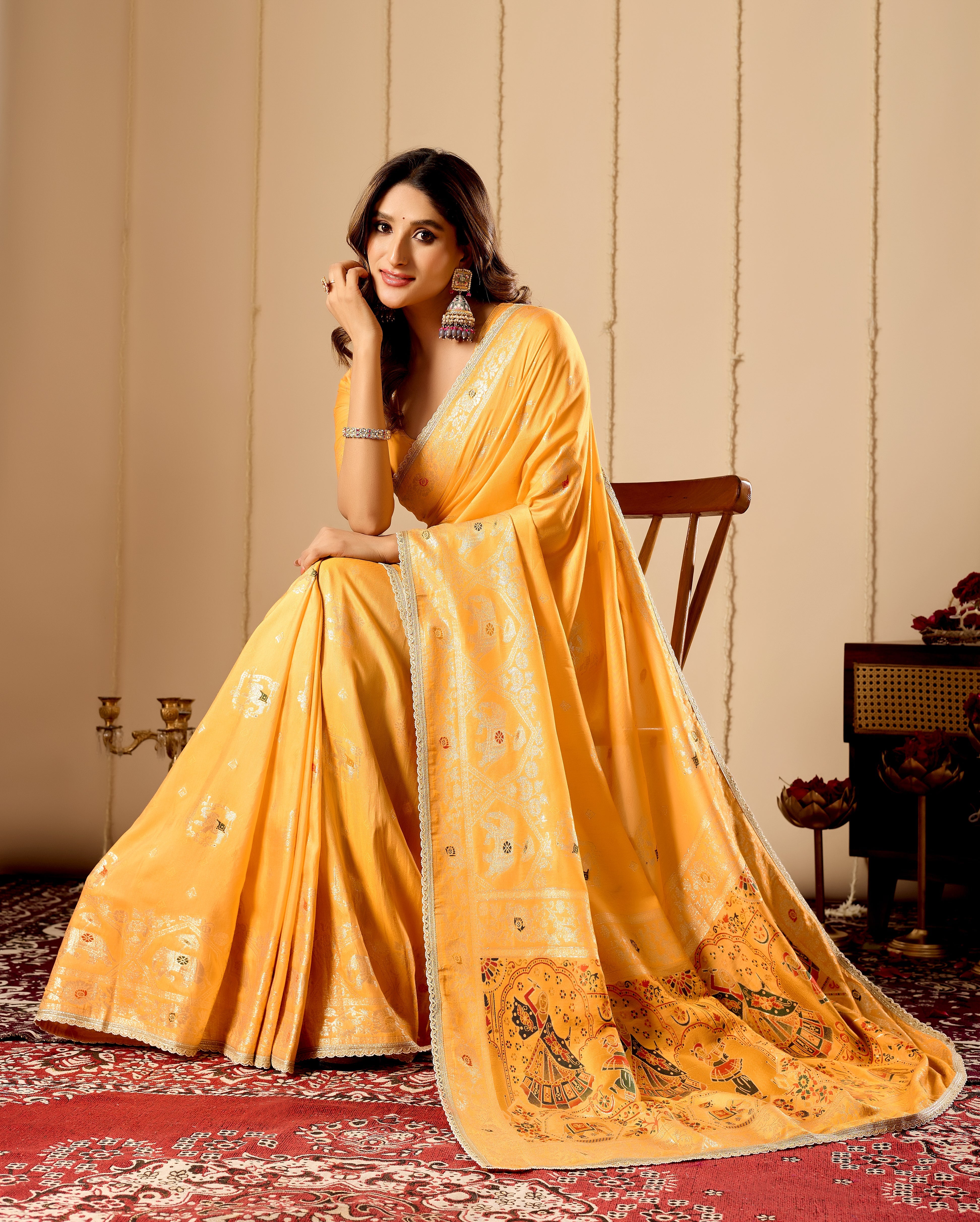 Marigold Gold Heritage satin Silk by Icultuer with Artistic Pallu Motifs