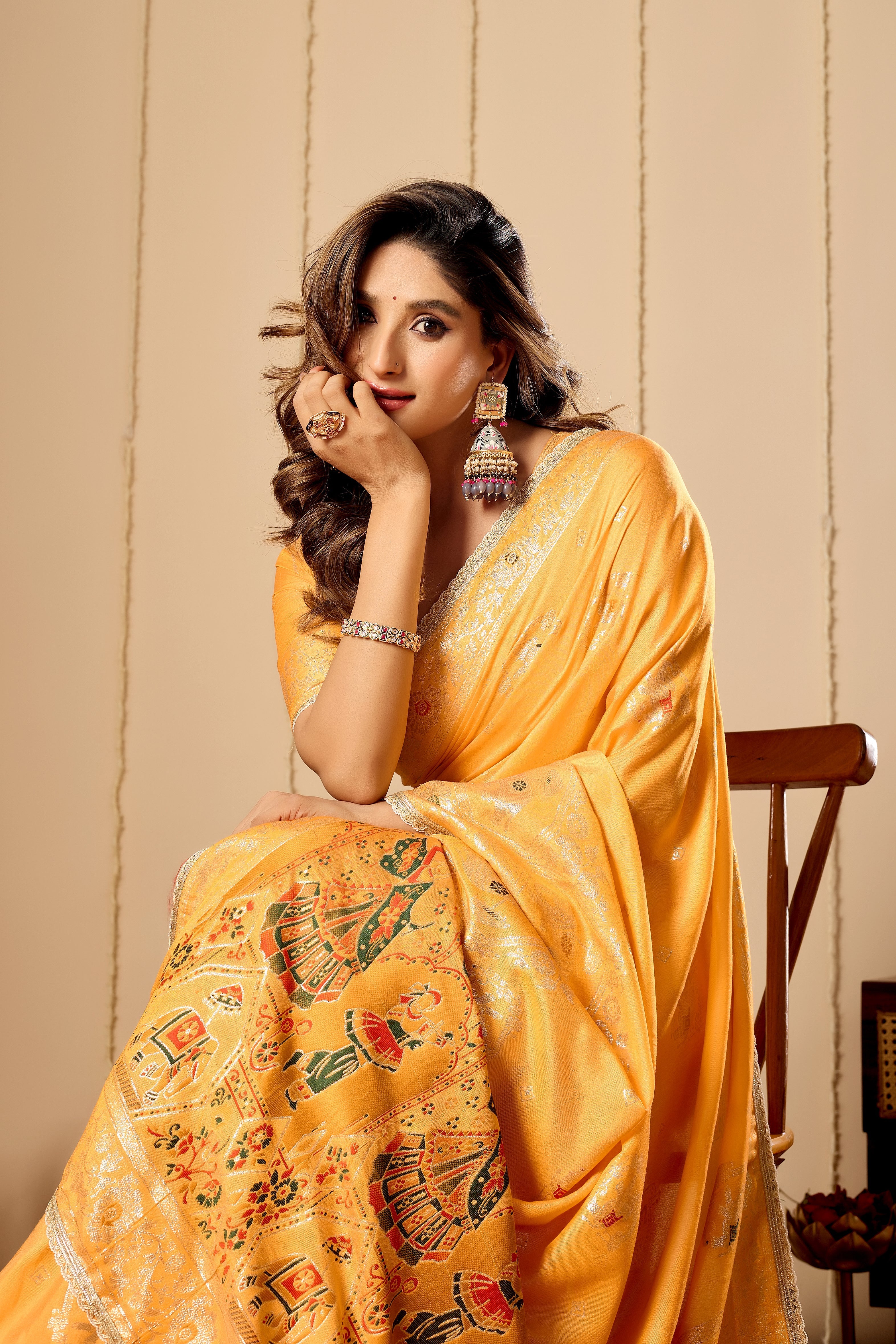 Marigold Gold Heritage satin Silk by Icultuer with Artistic Pallu Motifs