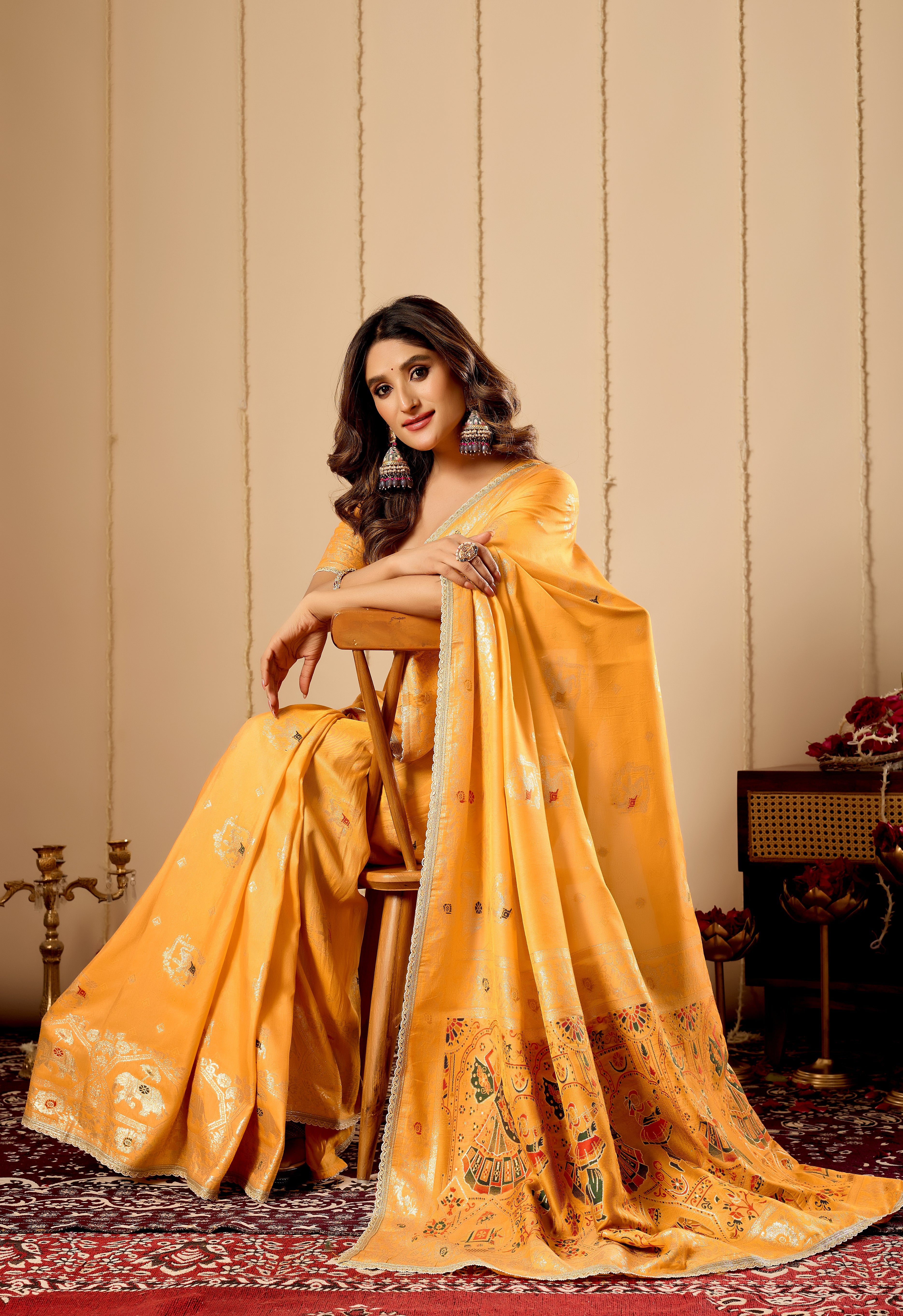 Marigold Gold Heritage satin Silk Saree with Artistic Pallu Motifs