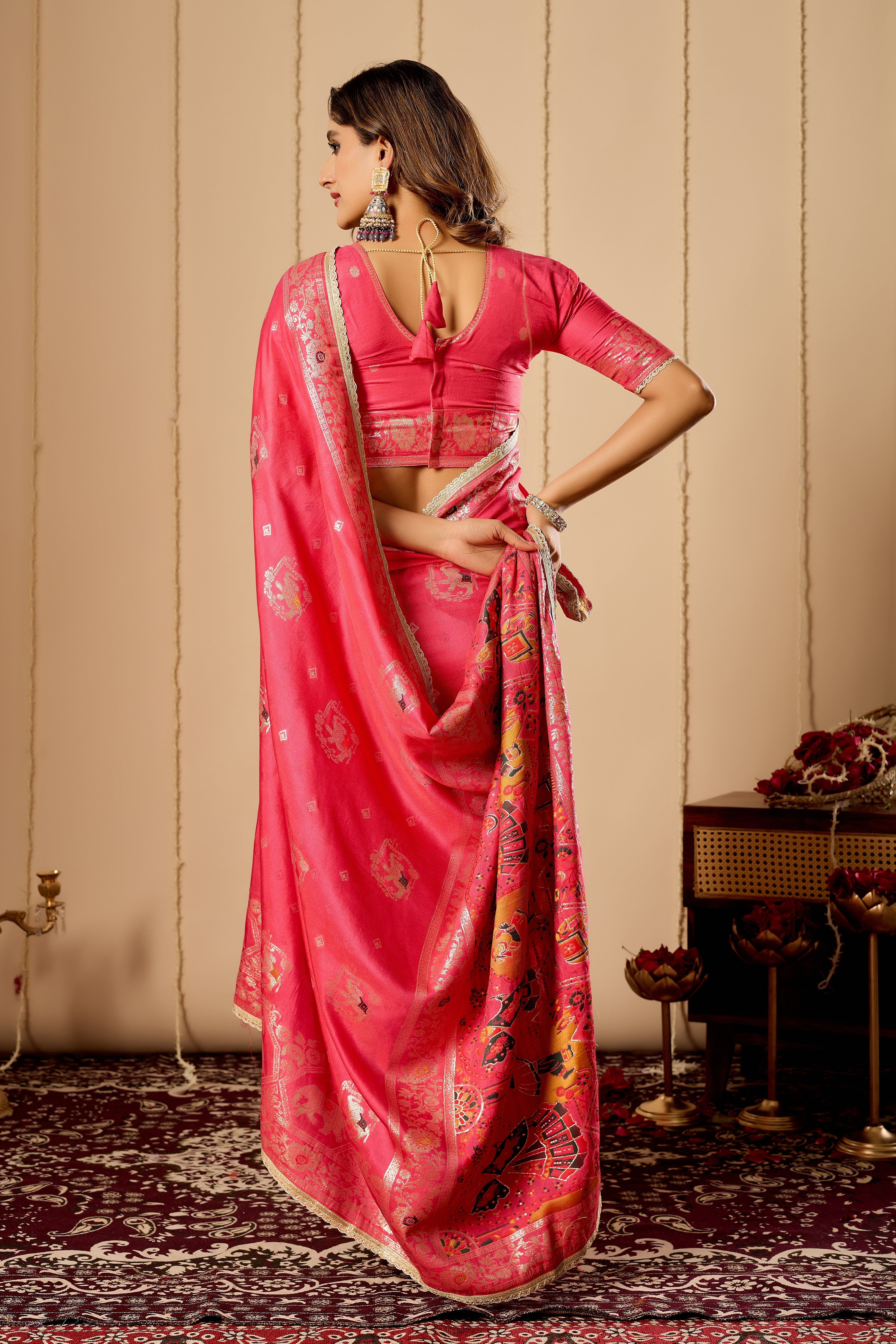 Elegant Rose Pink satin Silk by Icultuer with Intricate Gold Zari Weaving and Traditional Motif Pallu