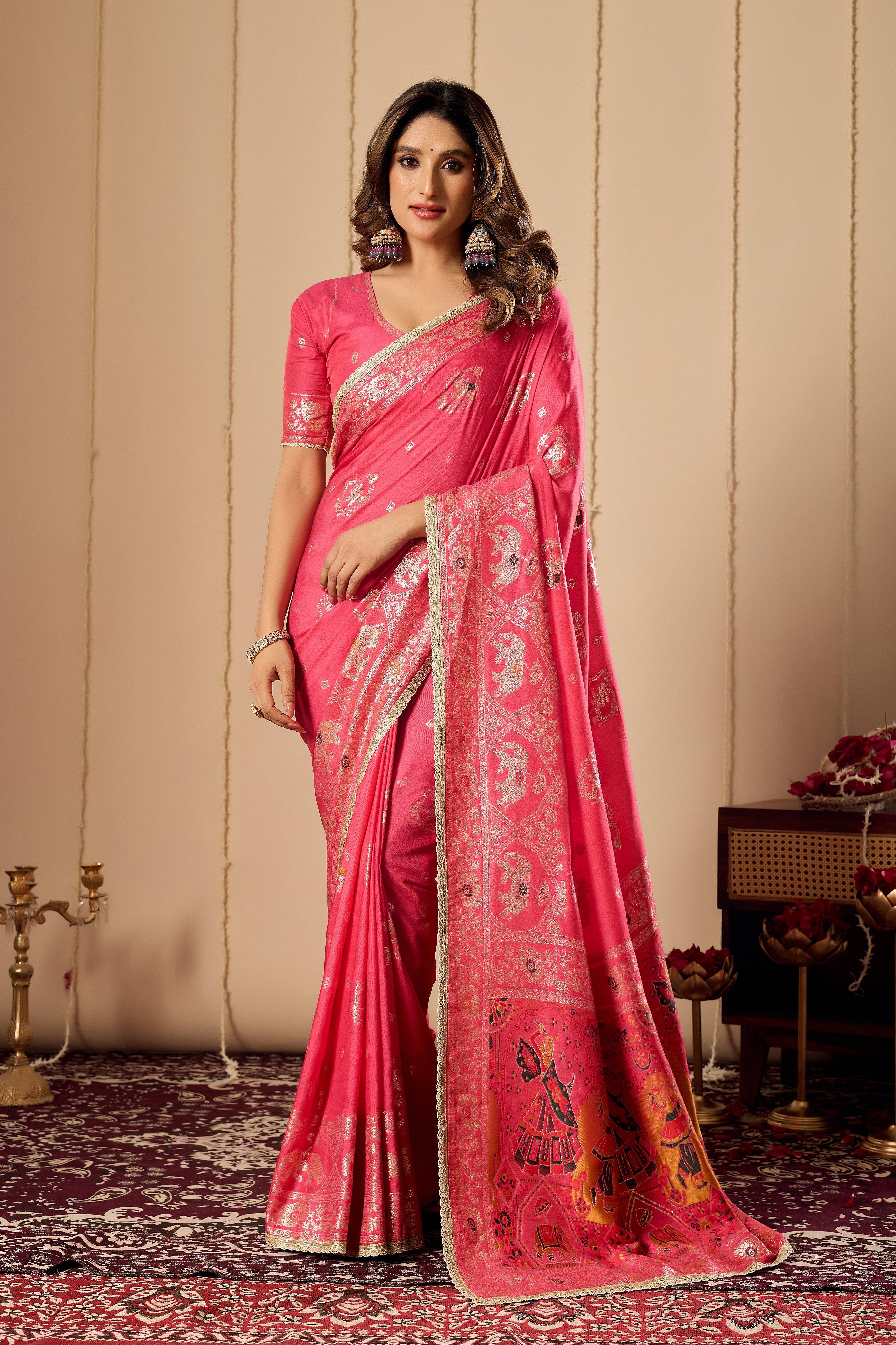 Elegant Rose Pink satin Silk by Icultuer with Intricate Gold Zari Weaving and Traditional Motif Pallu