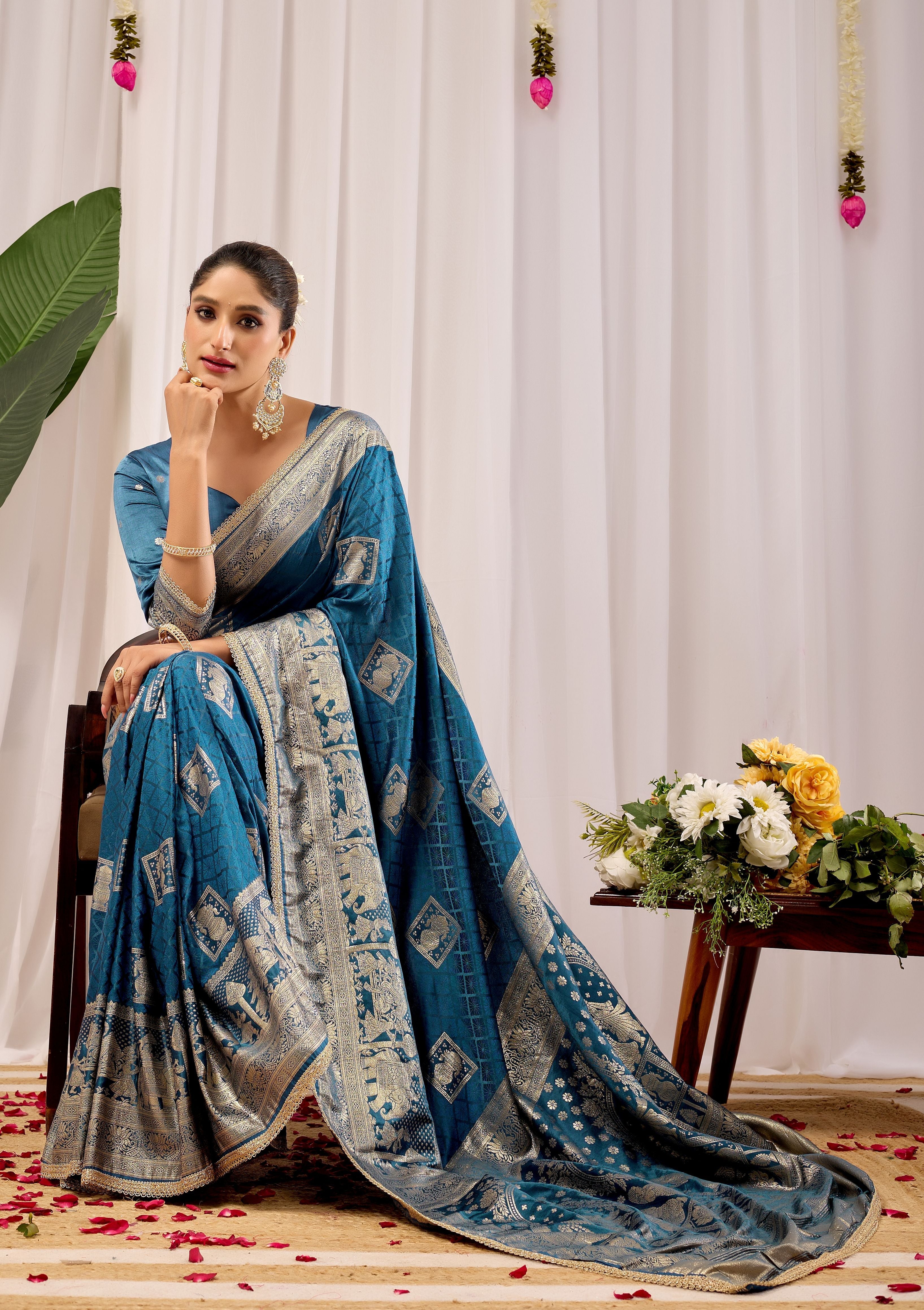 Teal Blue Soft Silk by Icultuer with Intricate Woven Motifs, Rich Zari Border and Designer Traditional Pallu