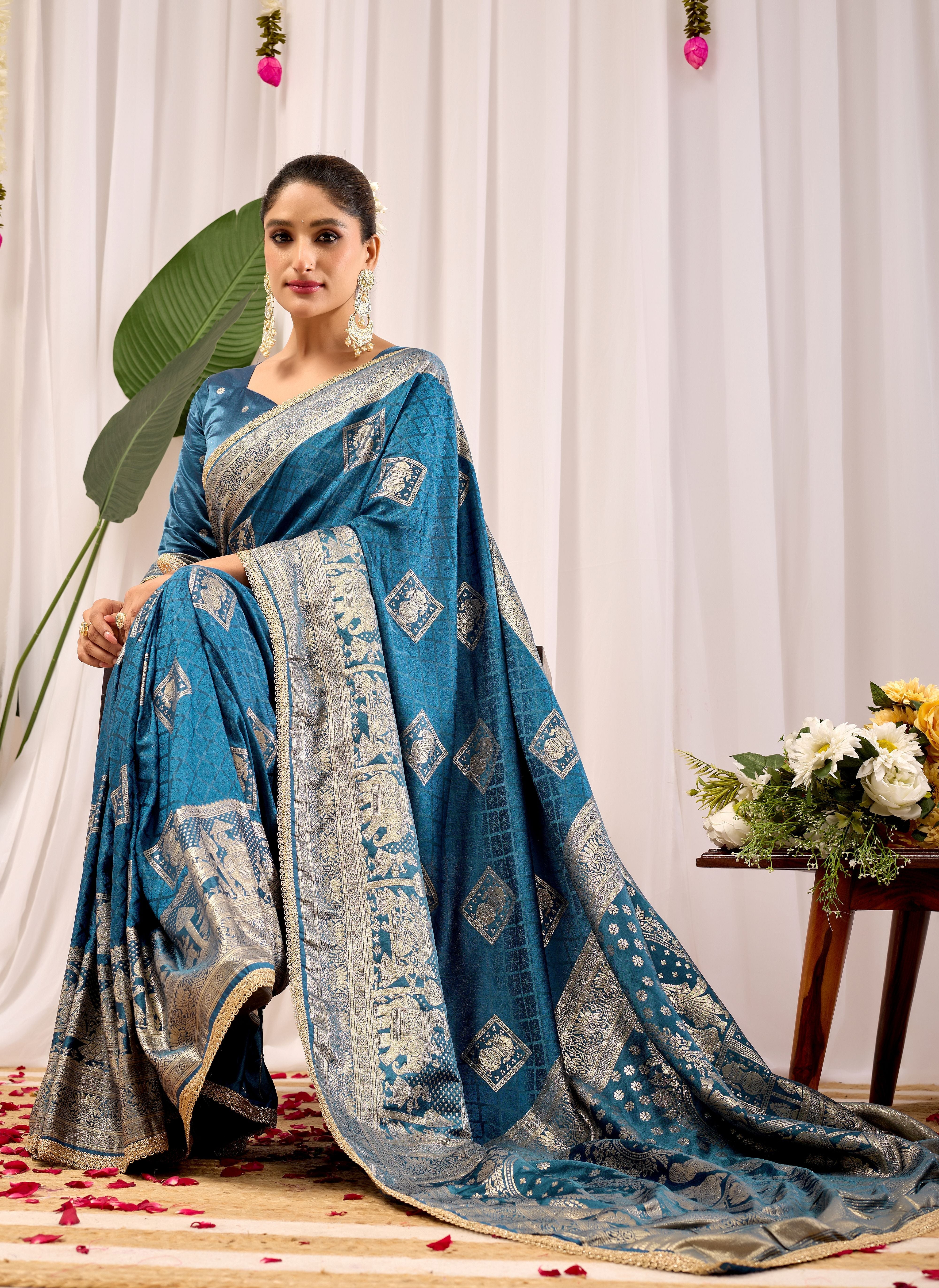 Teal Blue Soft Silk by Icultuer with Intricate Woven Motifs, Rich Zari Border and Designer Traditional Pallu