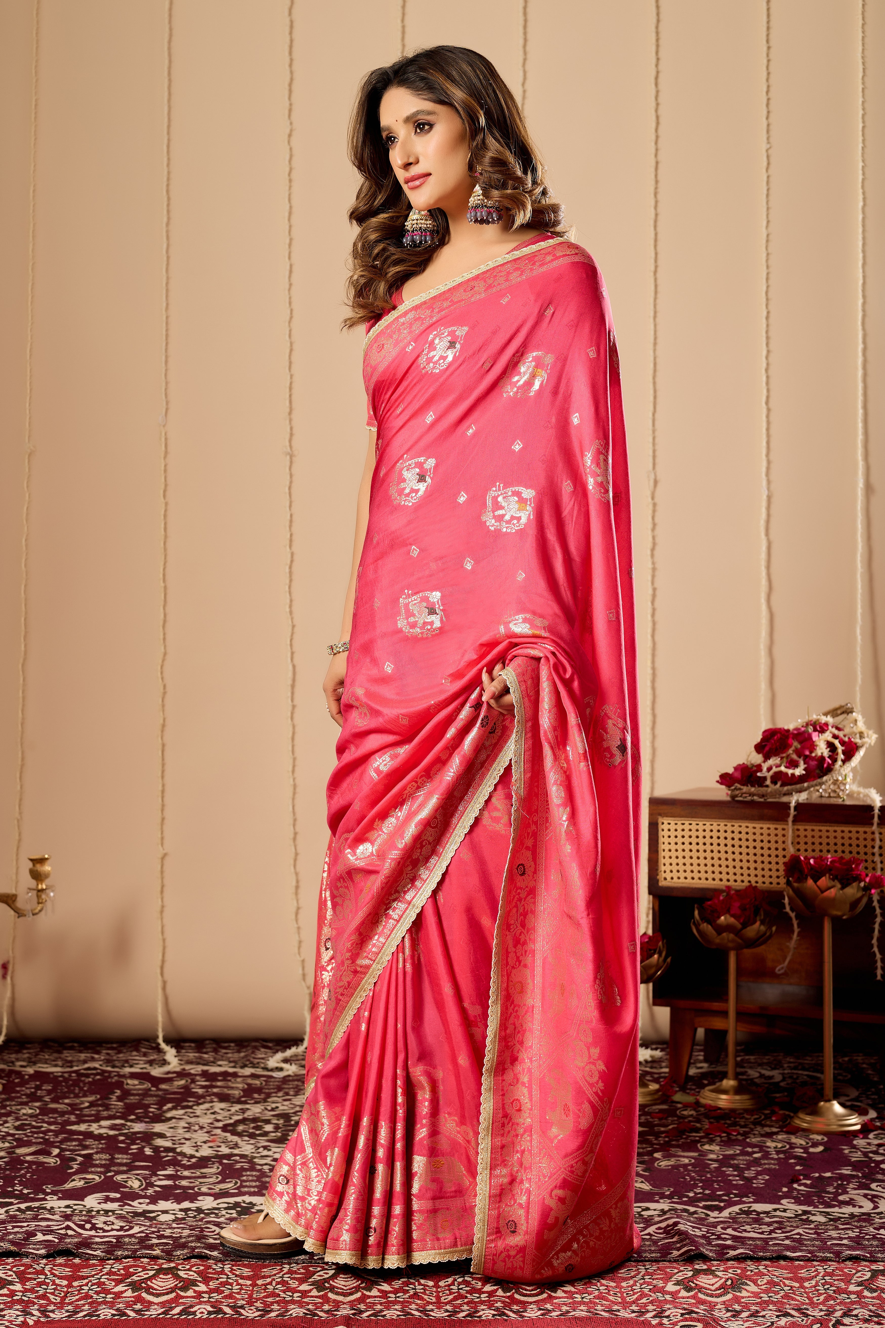 Elegant Rose Pink satin Silk by Icultuer with Intricate Gold Zari Weaving and Traditional Motif Pallu