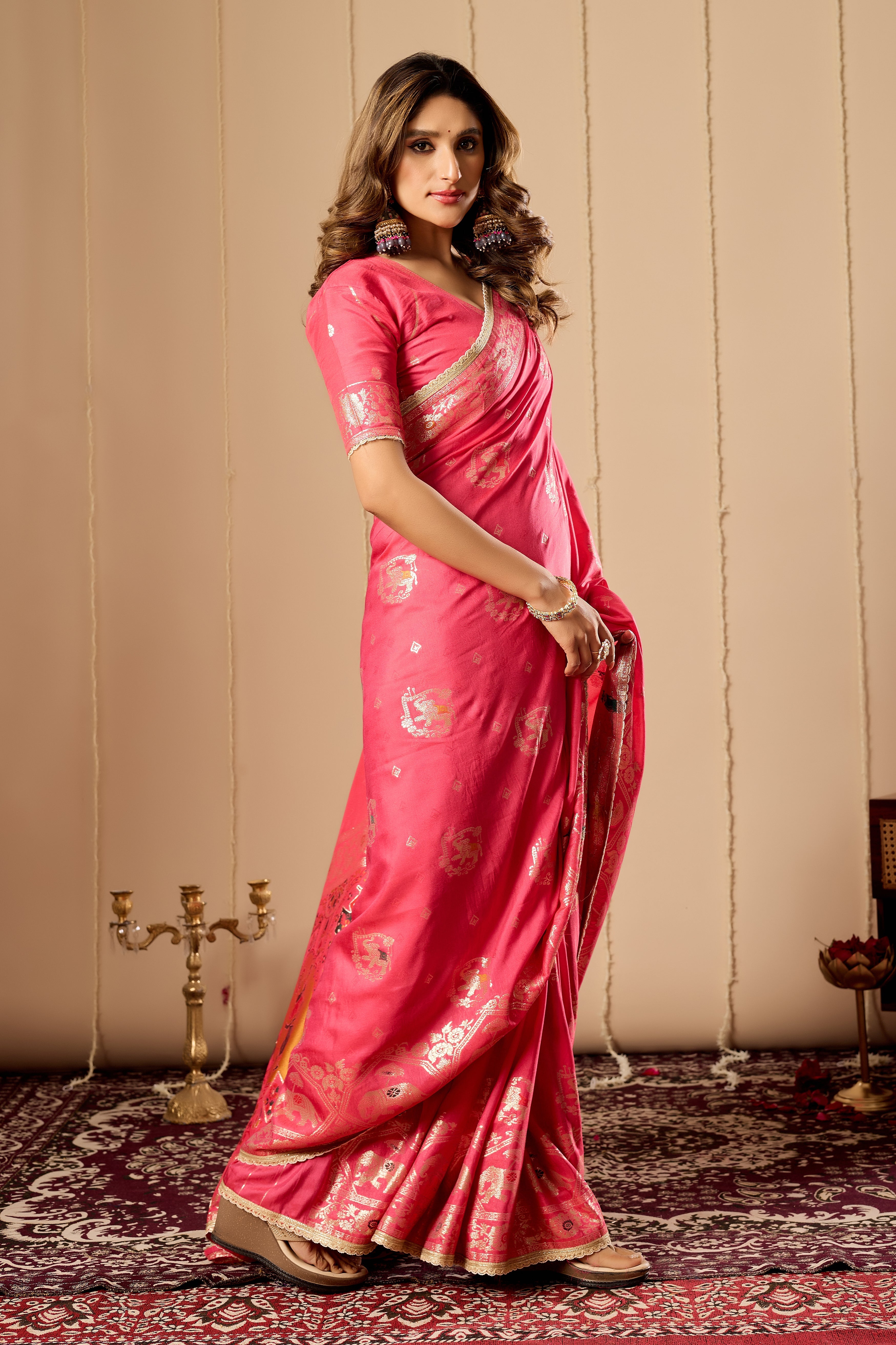 Elegant Rose Pink satin Silk by Icultuer with Intricate Gold Zari Weaving and Traditional Motif Pallu