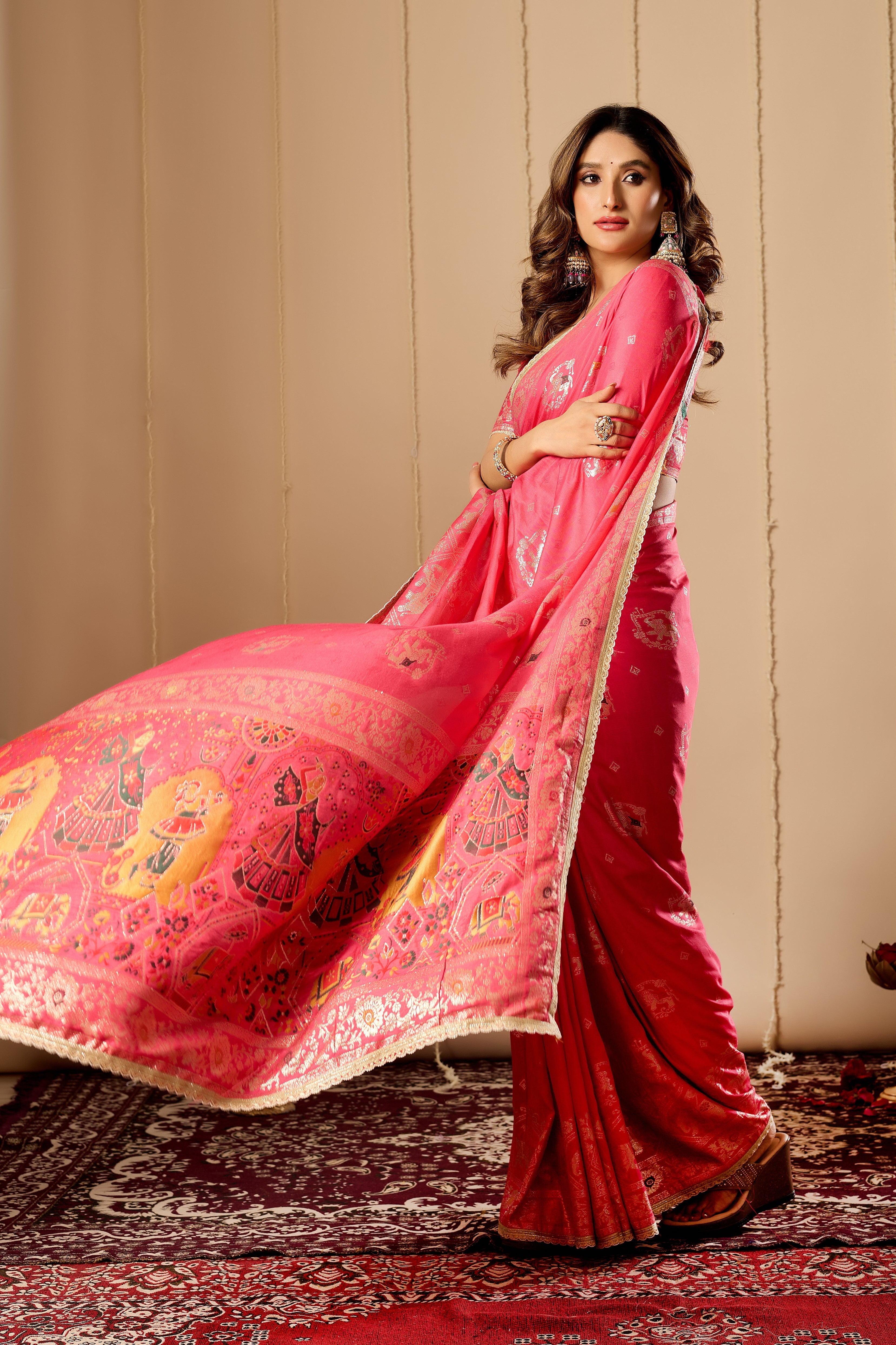 Elegant Rose Pink satin Silk by Icultuer with Intricate Gold Zari Weaving and Traditional Motif Pallu