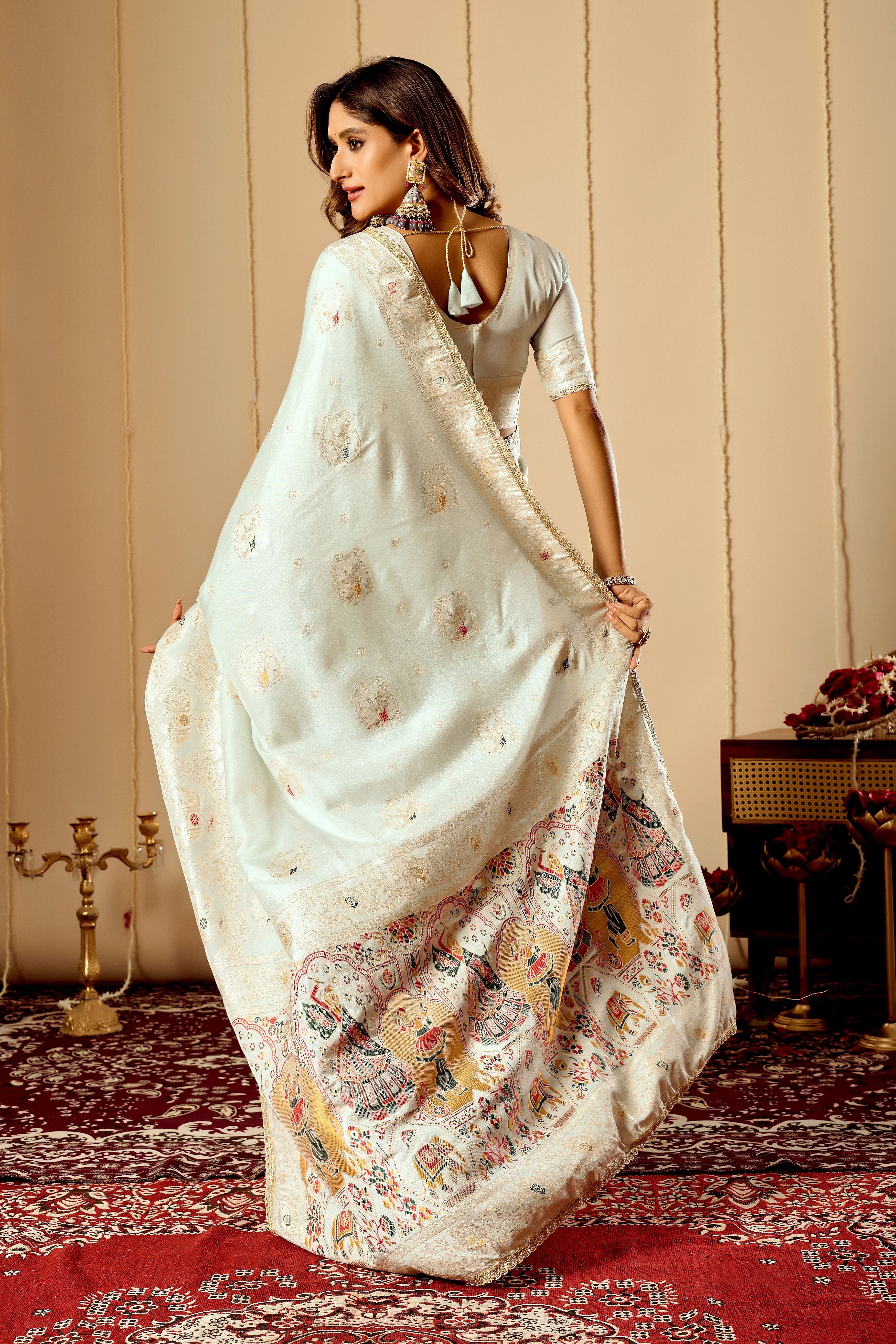 Elegant Mint Ivory  satin  Silk by Icultuer with Subtle Gold Zari Weaving and Traditional Artistic Pallu