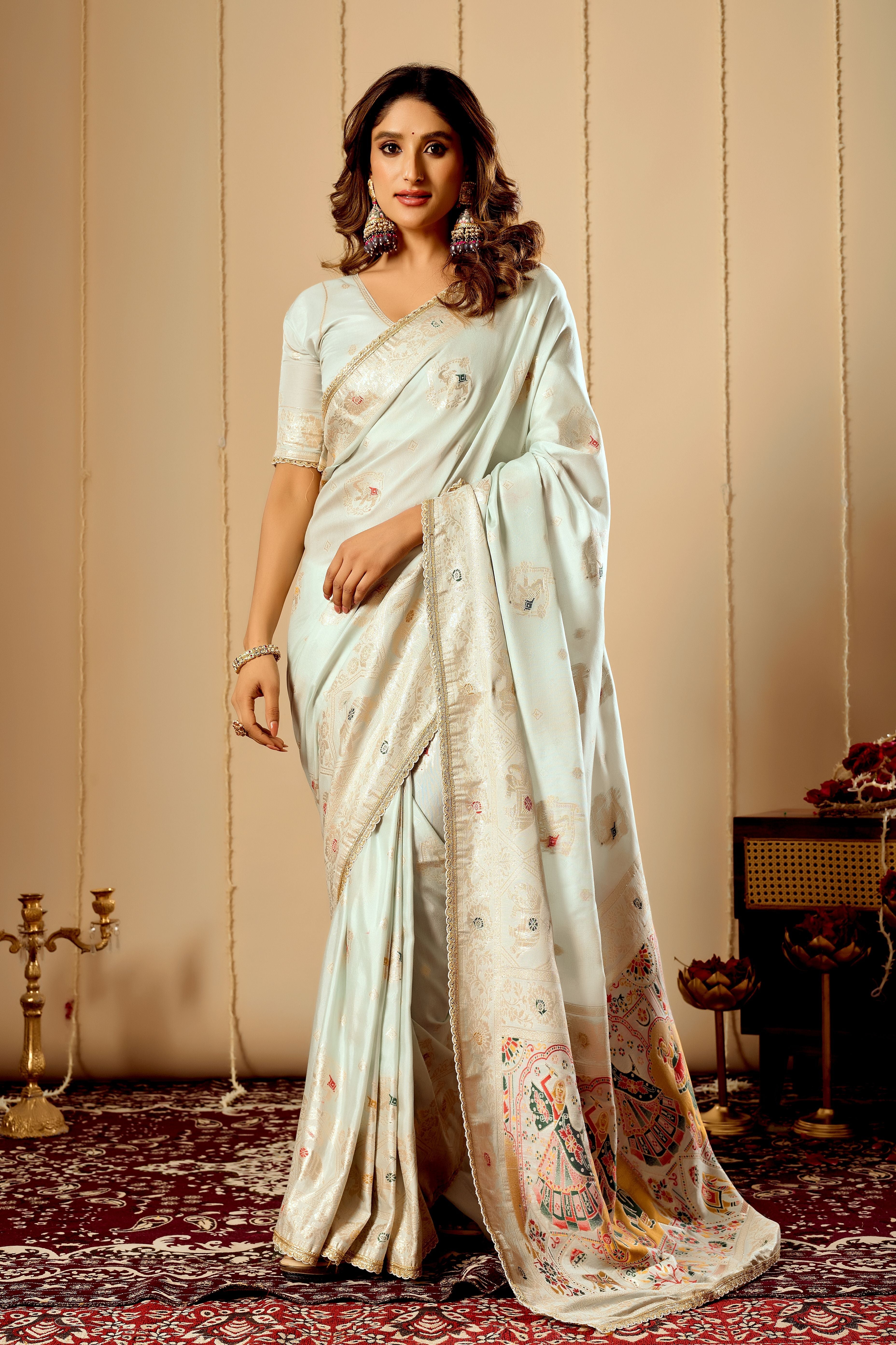 Elegant Mint Ivory  satin  Silk by Icultuer with Subtle Gold Zari Weaving and Traditional Artistic Pallu