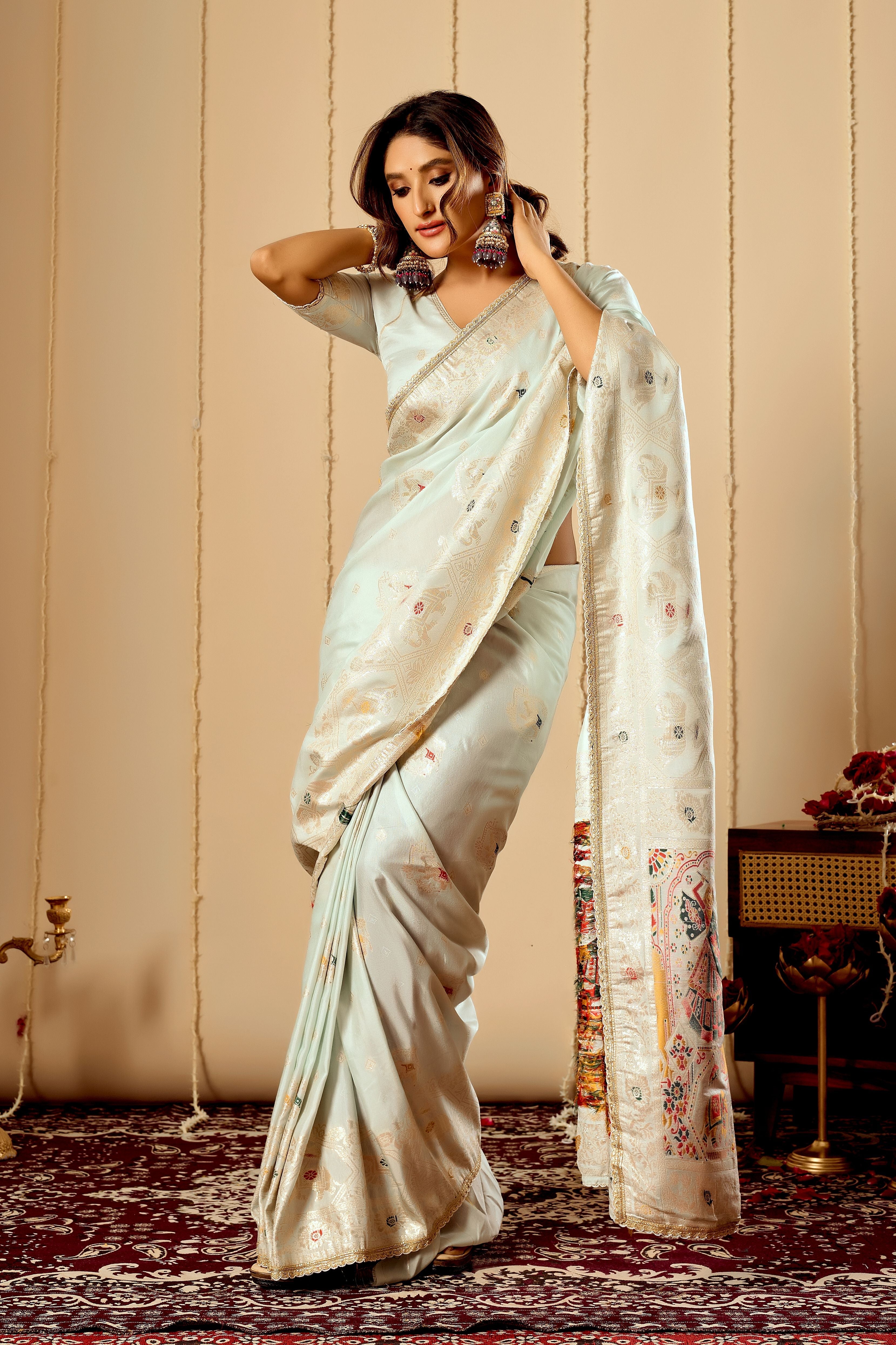 Elegant Mint Ivory  satin  Silk by Icultuer with Subtle Gold Zari Weaving and Traditional Artistic Pallu