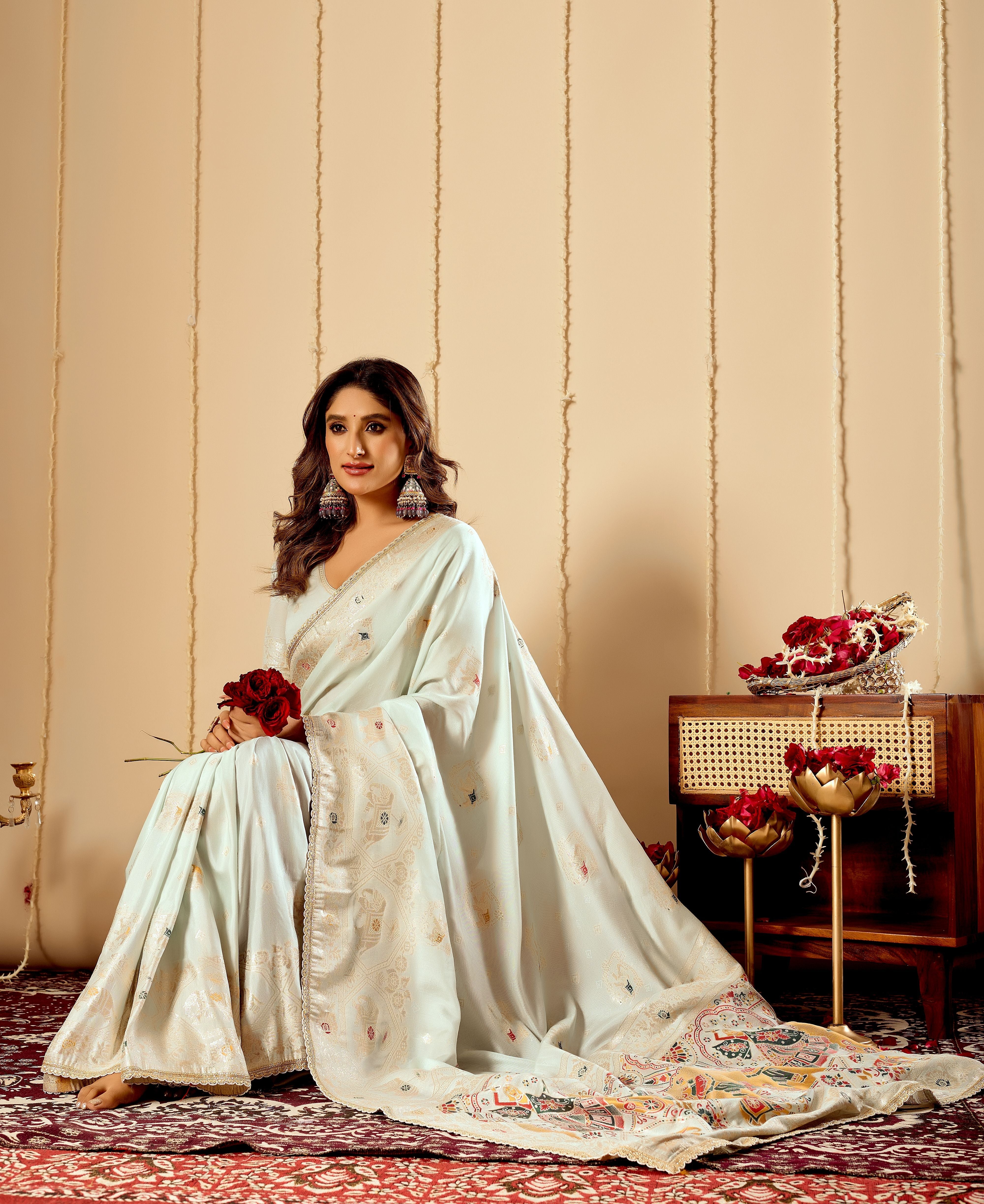 Elegant Mint Ivory  satin  Silk by Icultuer with Subtle Gold Zari Weaving and Traditional Artistic Pallu