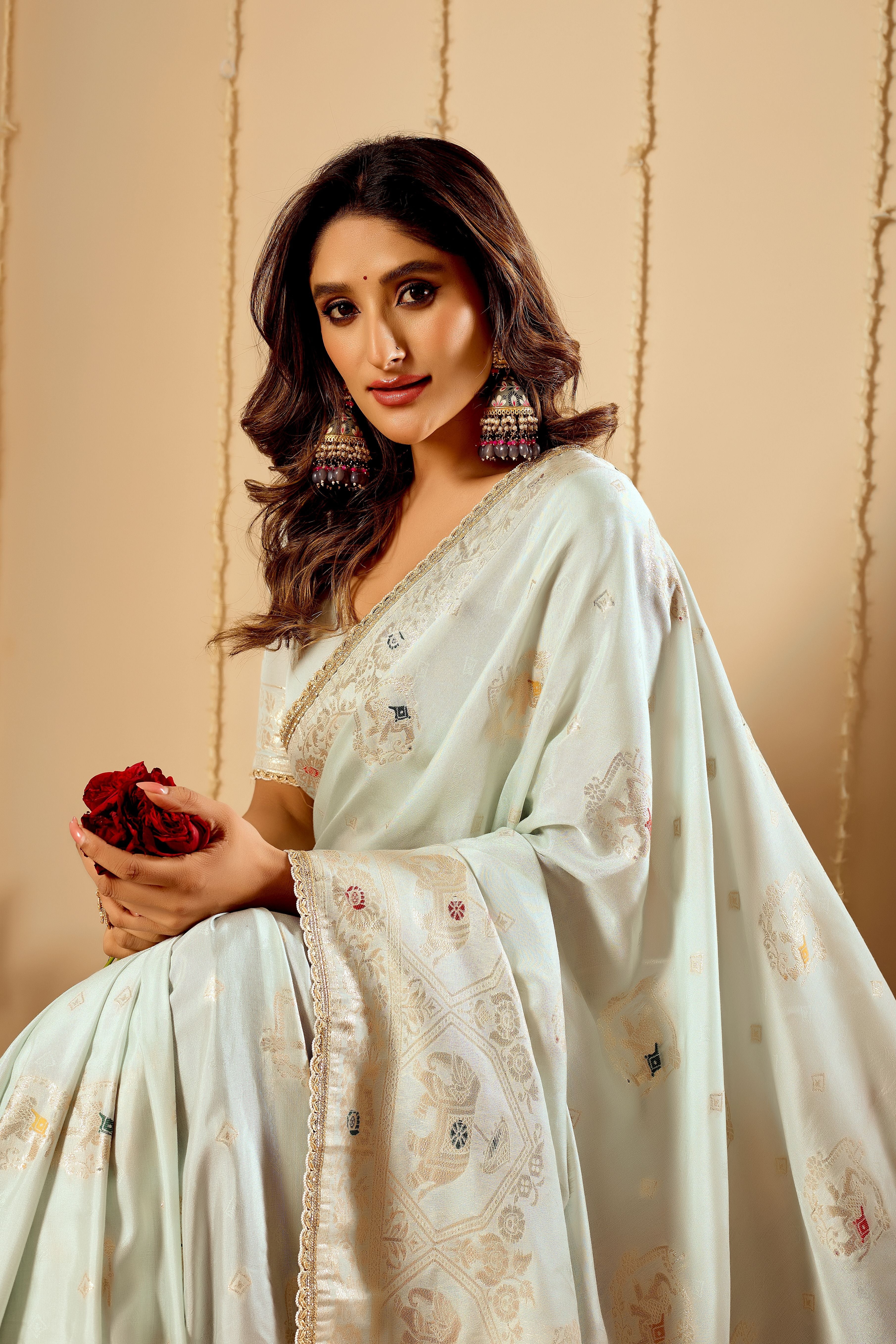 Elegant Mint Ivory  satin  Silk by Icultuer with Subtle Gold Zari Weaving and Traditional Artistic Pallu