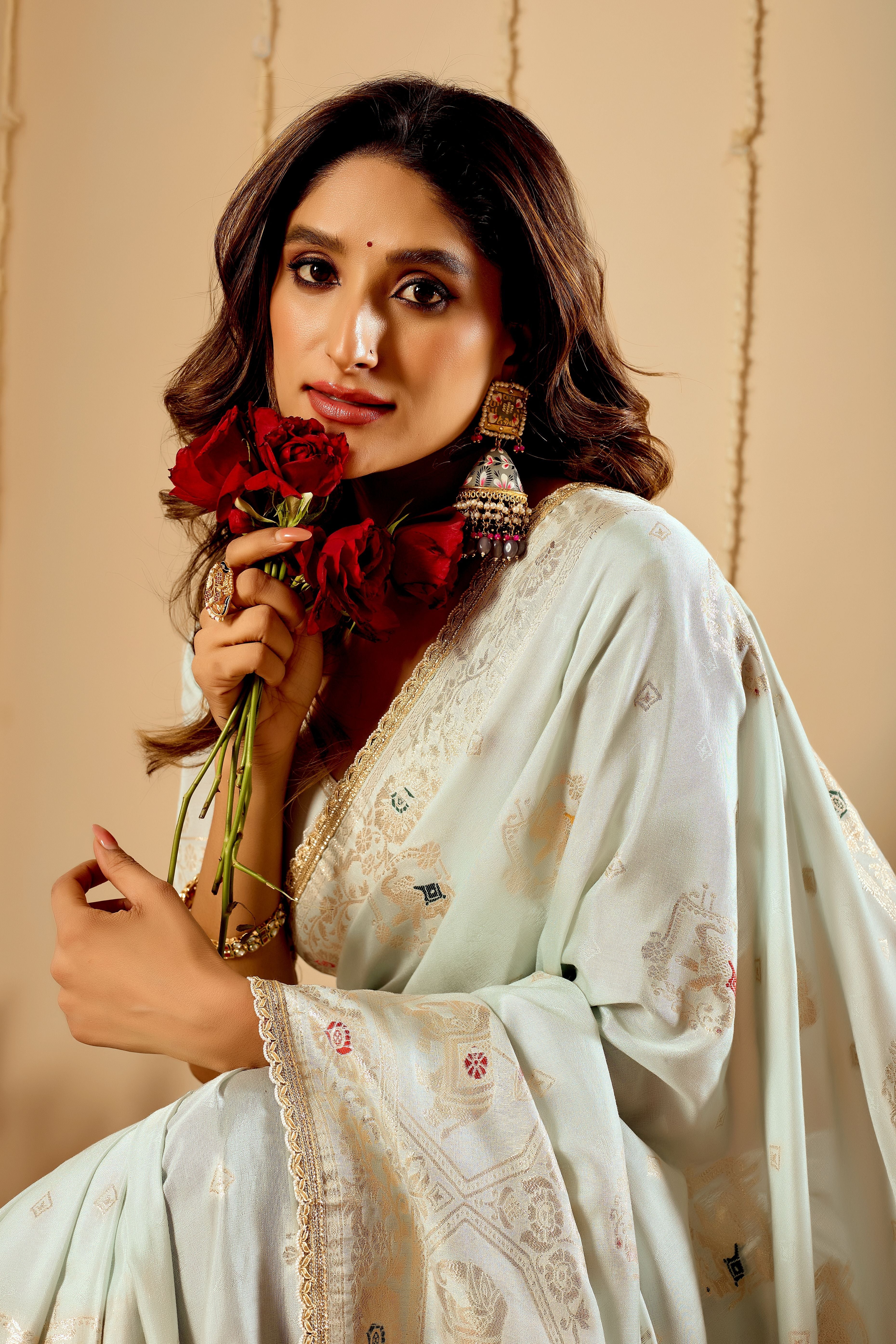 Elegant Mint Ivory  satin  Silk by Icultuer with Subtle Gold Zari Weaving and Traditional Artistic Pallu