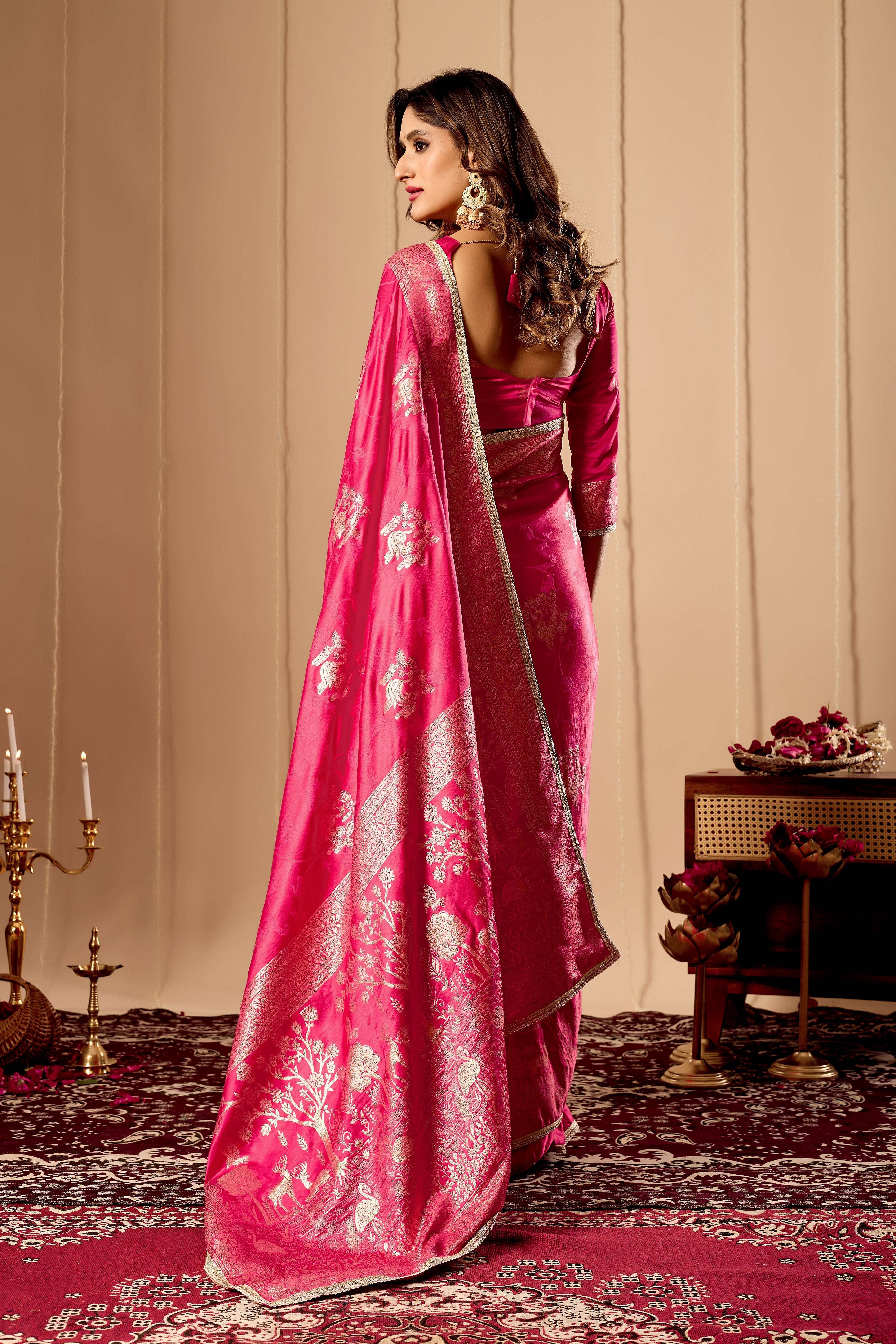 Vibrant Rani Pink  satin Silk by Icultuer with Rich Gold Zari Weaving and Elegant Traditional Motifs