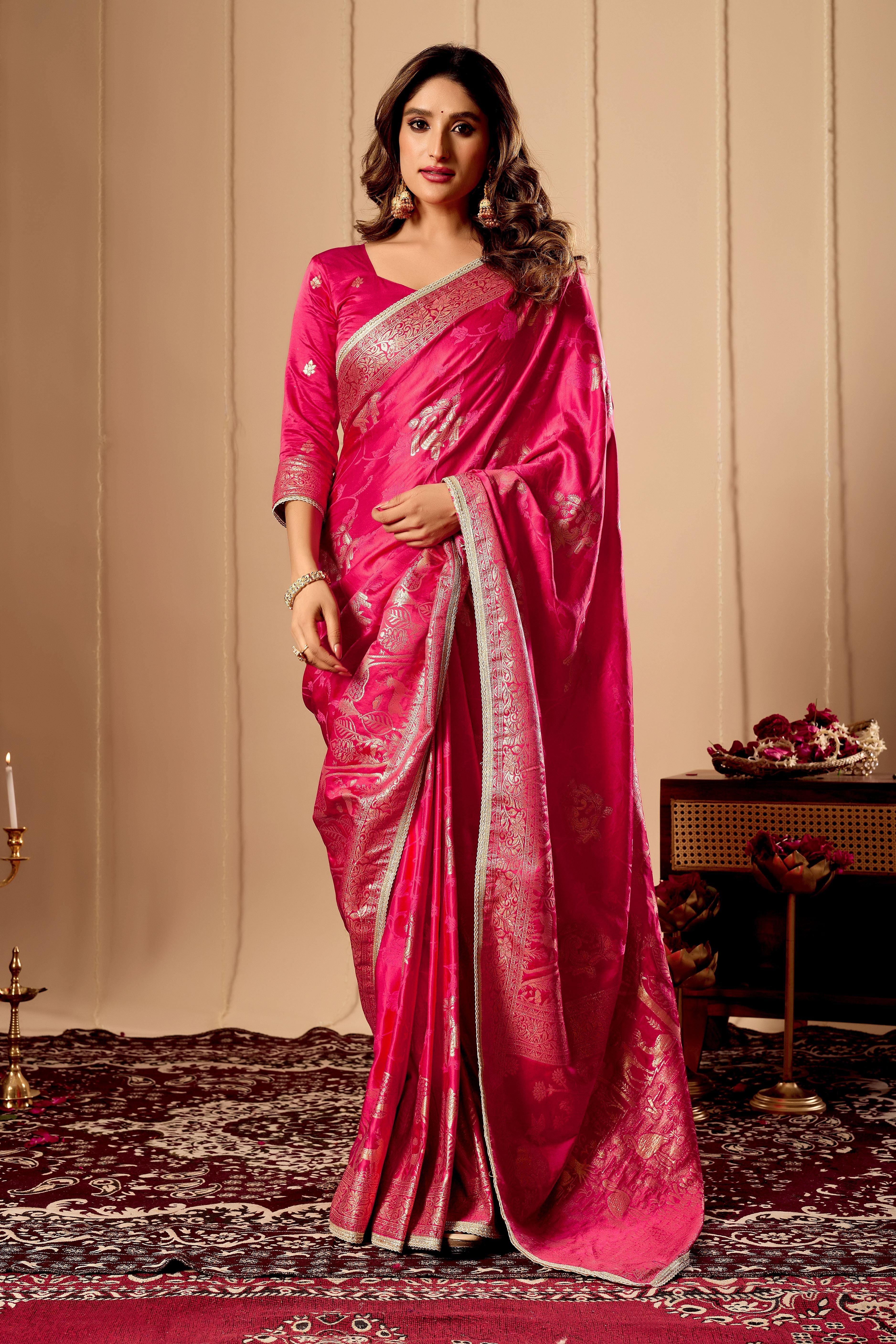 Vibrant Rani Pink  satin Silk by Icultuer with Rich Gold Zari Weaving and Elegant Traditional Motifs