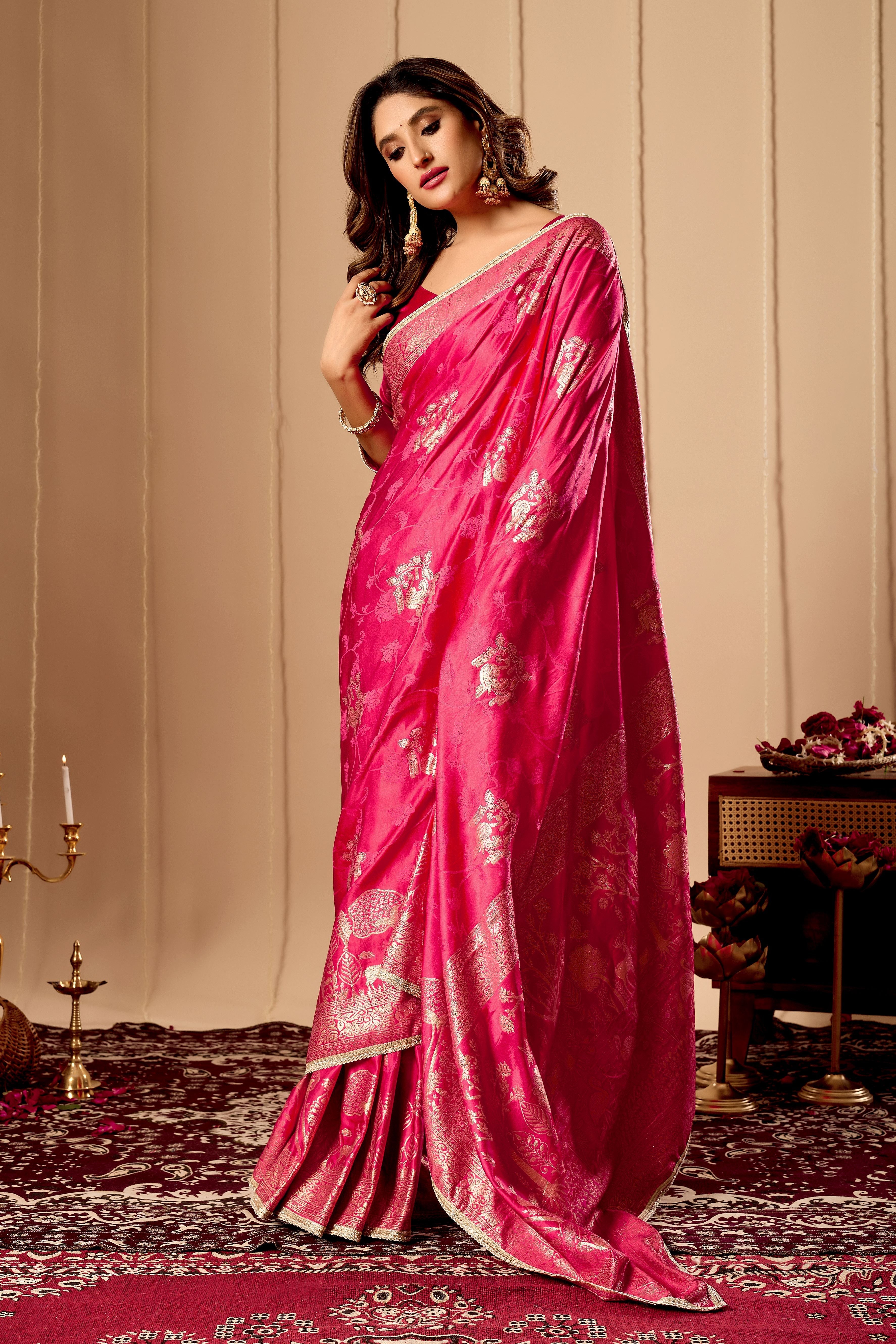 Vibrant Rani Pink  satin Silk by Icultuer with Rich Gold Zari Weaving and Elegant Traditional Motifs