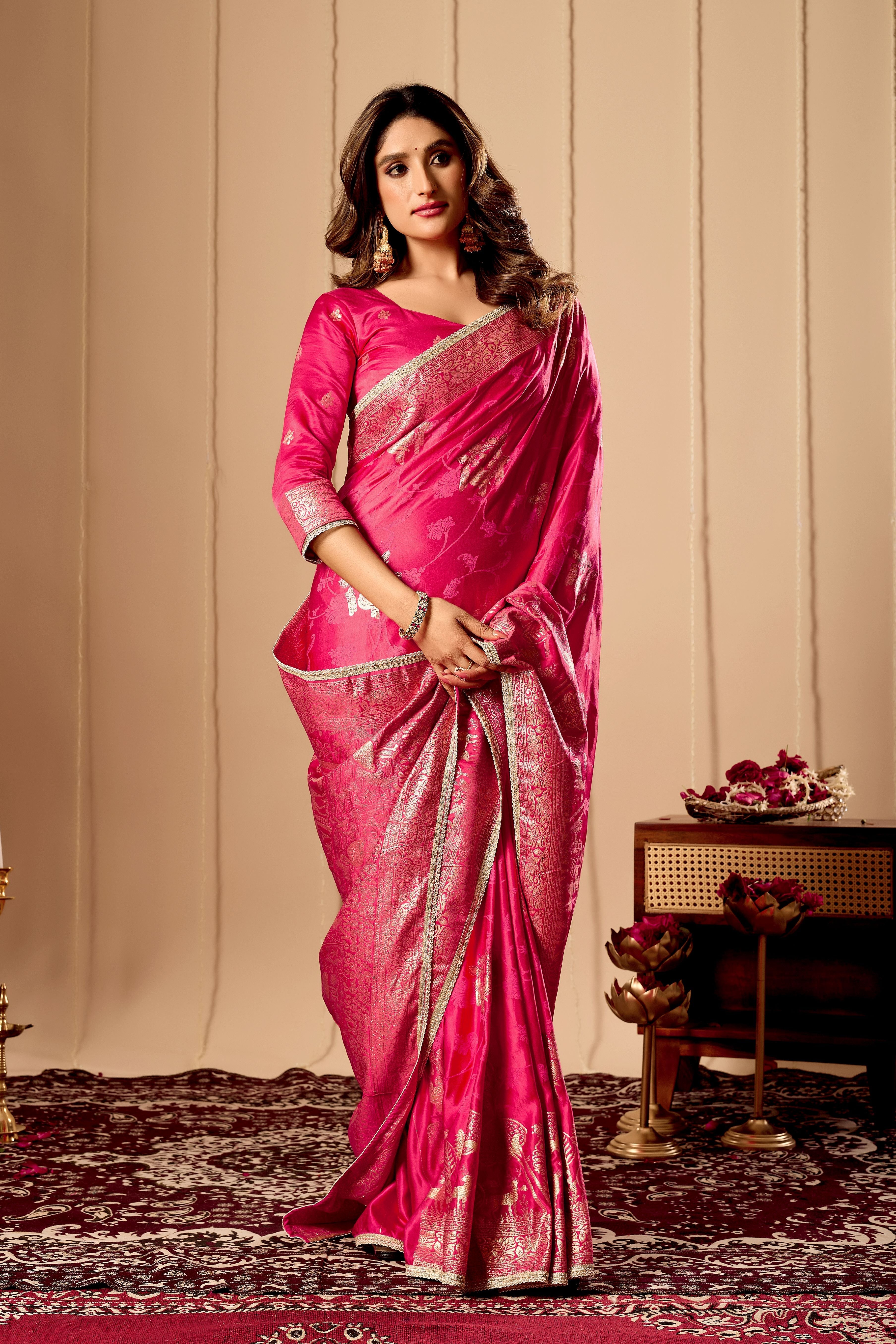 Vibrant Rani Pink  satin Silk by Icultuer with Rich Gold Zari Weaving and Elegant Traditional Motifs