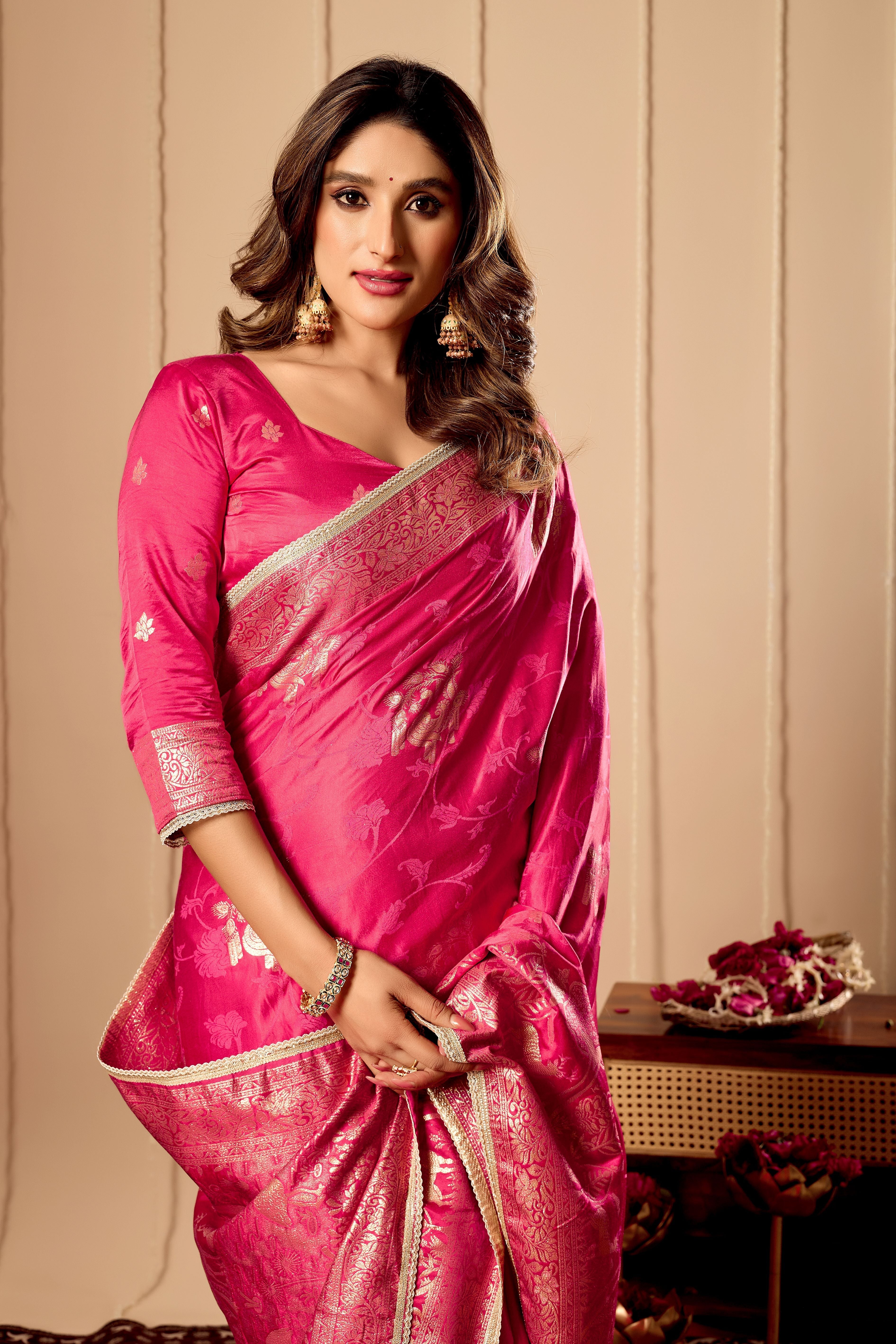 Vibrant Rani Pink  satin Silk by Icultuer with Rich Gold Zari Weaving and Elegant Traditional Motifs