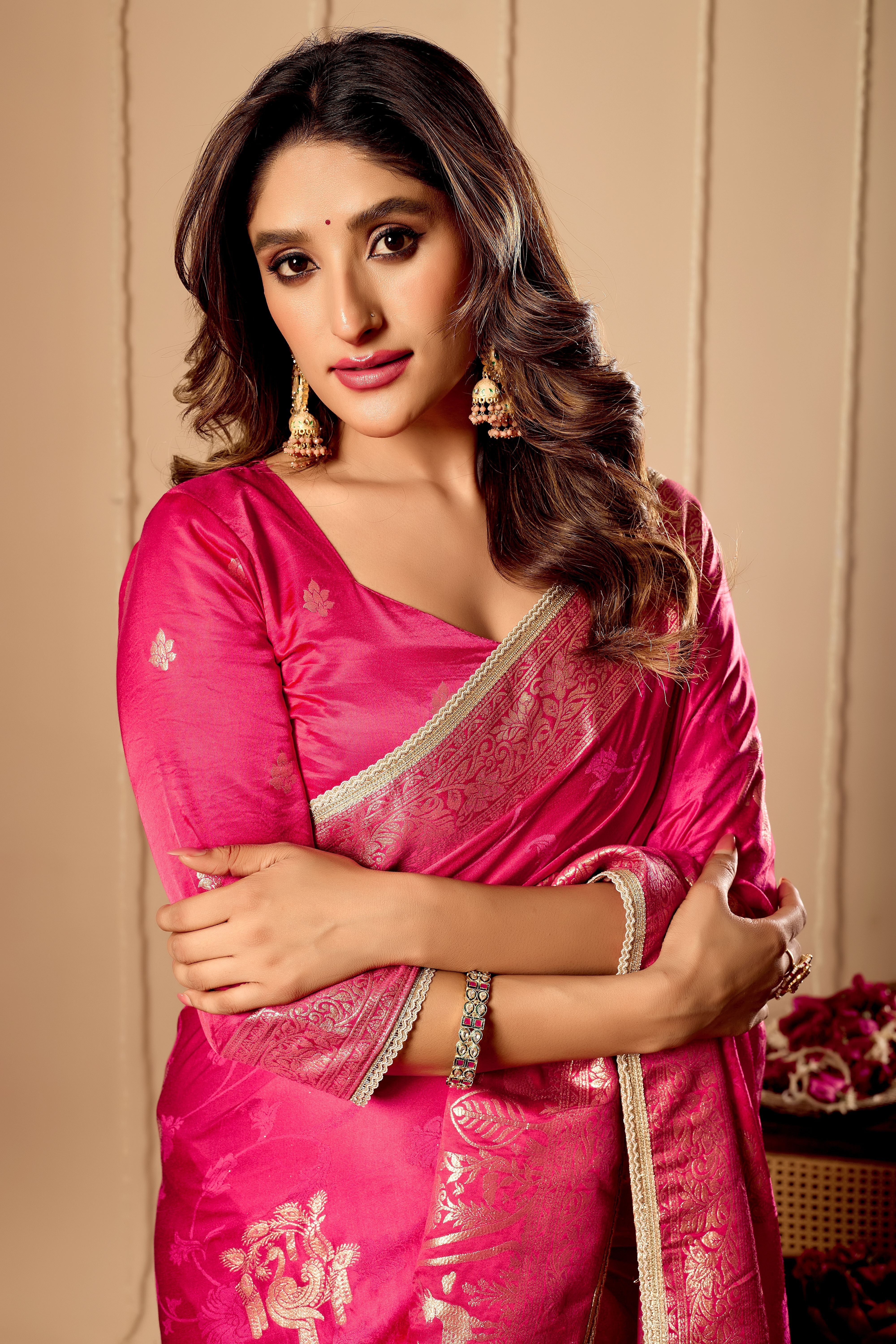 Vibrant Rani Pink  satin Silk by Icultuer with Rich Gold Zari Weaving and Elegant Traditional Motifs