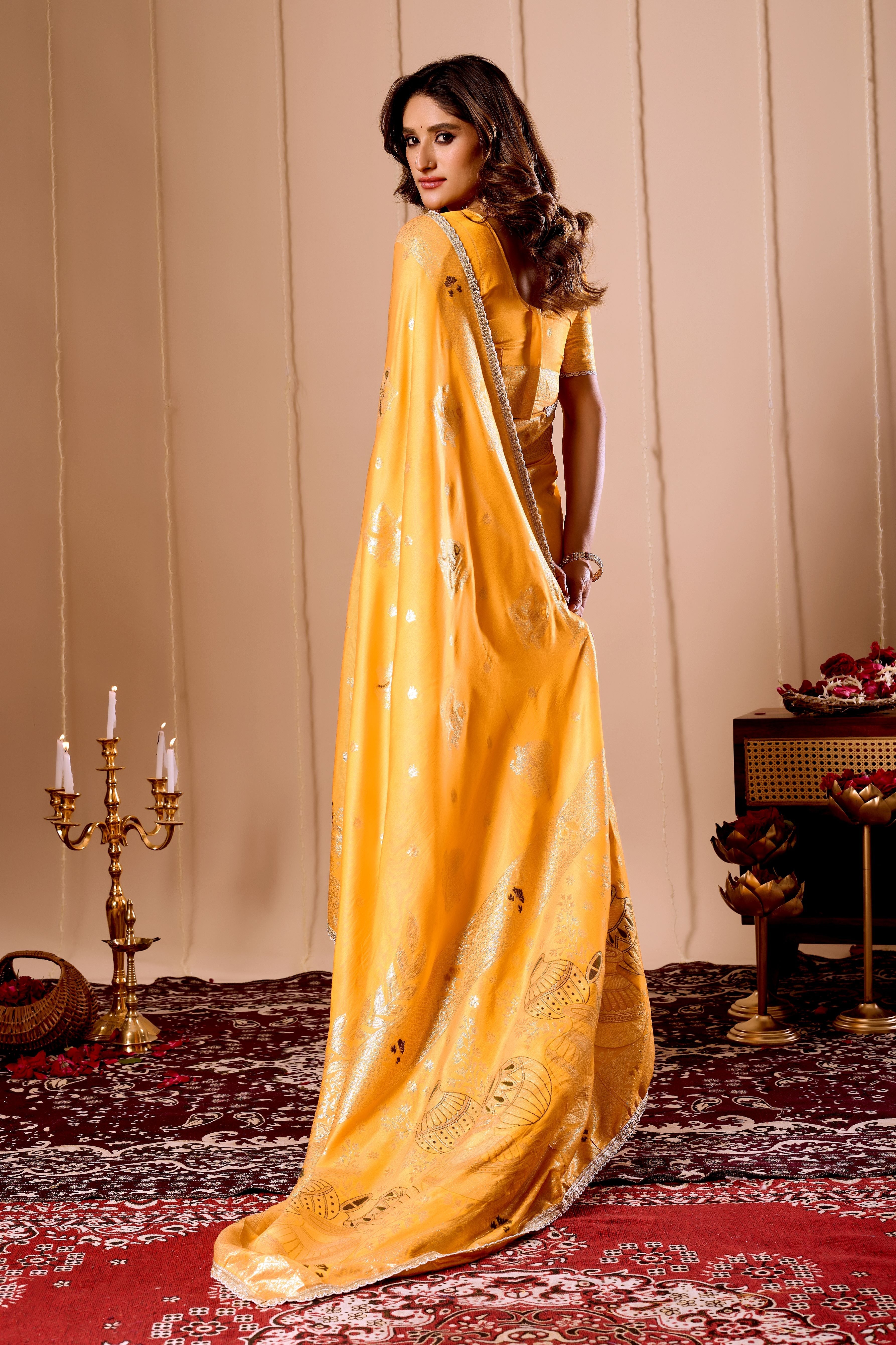 Elegant Mustard Yellow Satin Silk by Icultuer with Intricate Gold Zari Weaving and Traditional Pot Motif Pallu