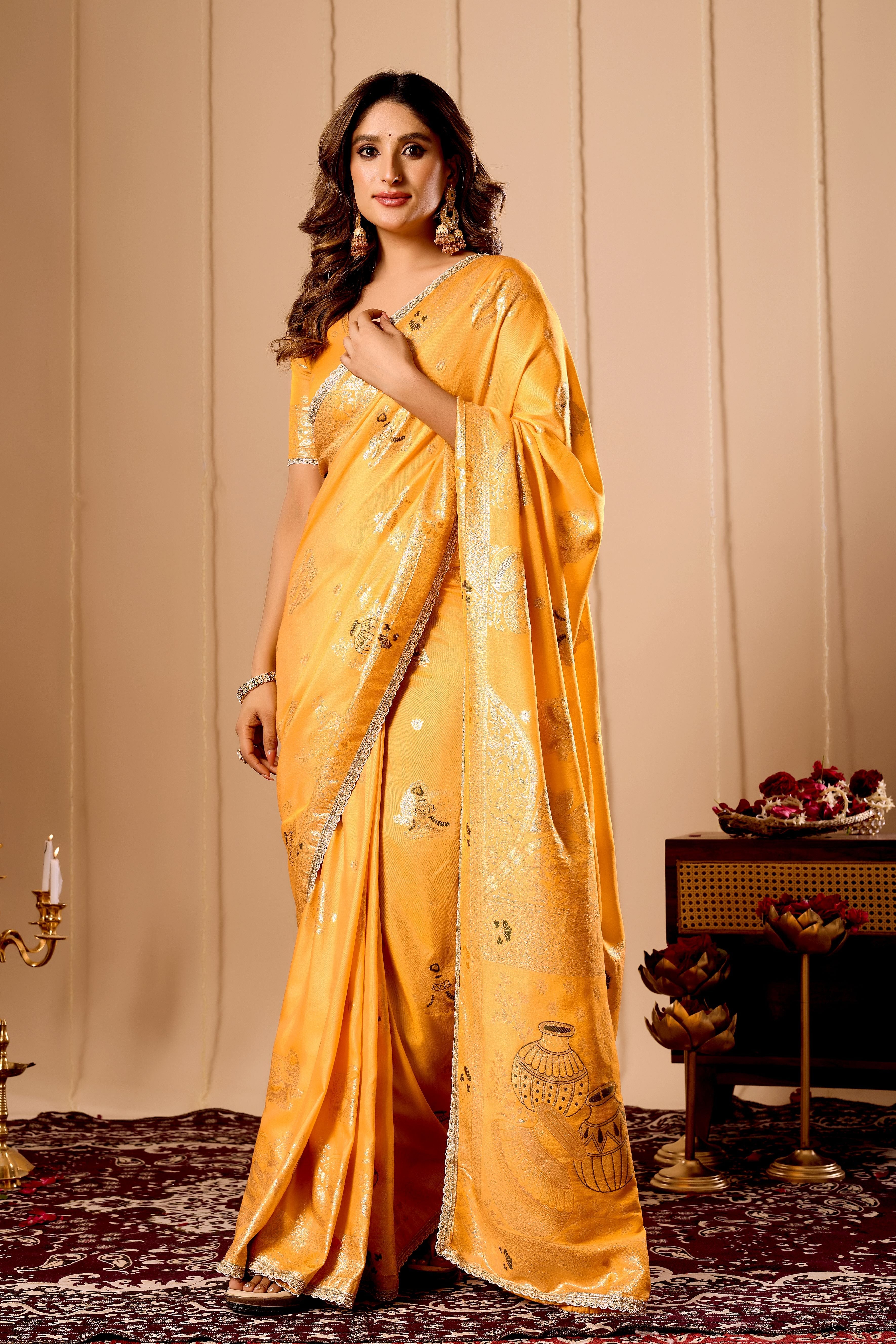 Elegant Mustard Yellow Satin Silk by Icultuer with Intricate Gold Zari Weaving and Traditional Pot Motif Pallu