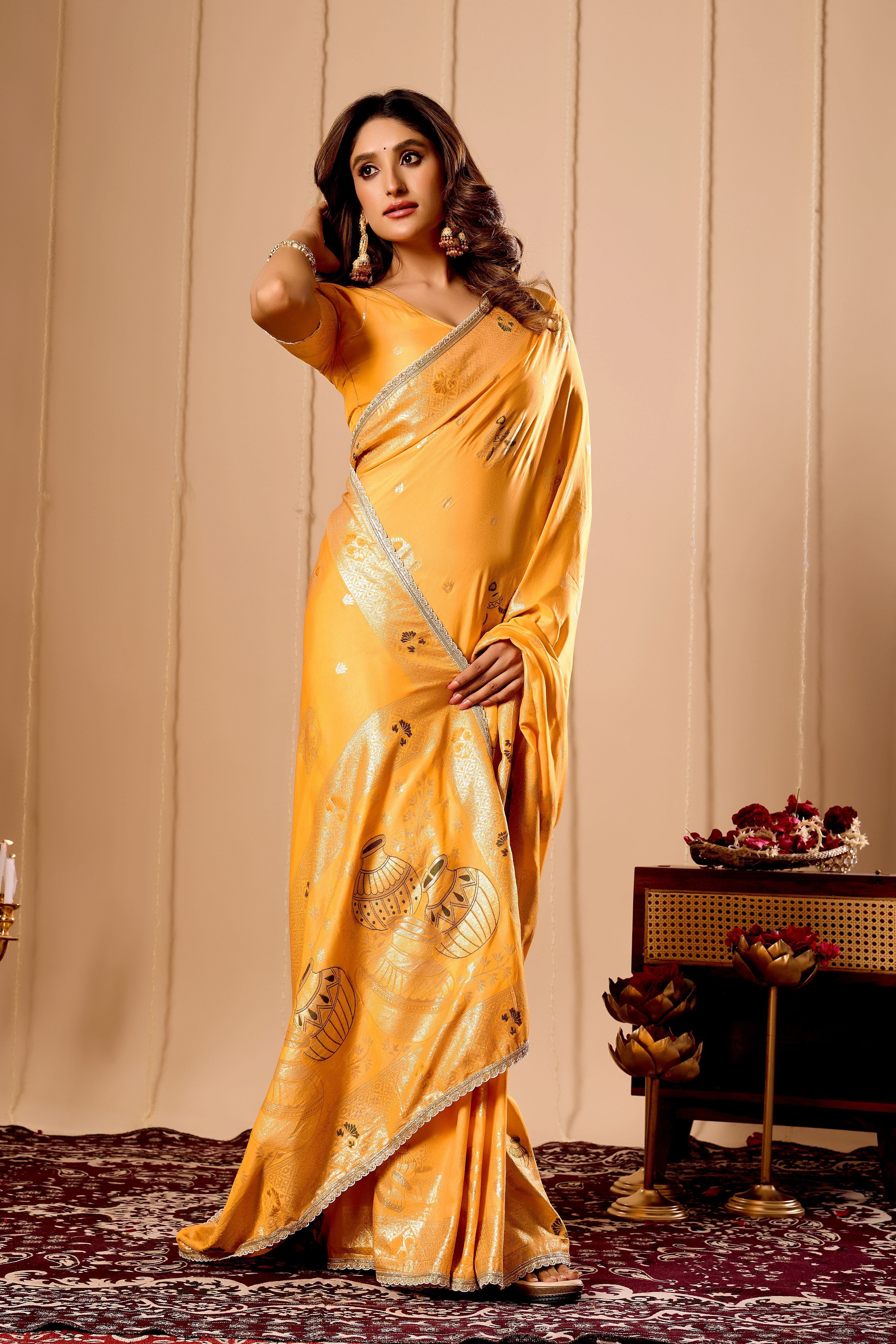 Elegant Mustard Yellow Satin Silk by Icultuer with Intricate Gold Zari Weaving and Traditional Pot Motif Pallu