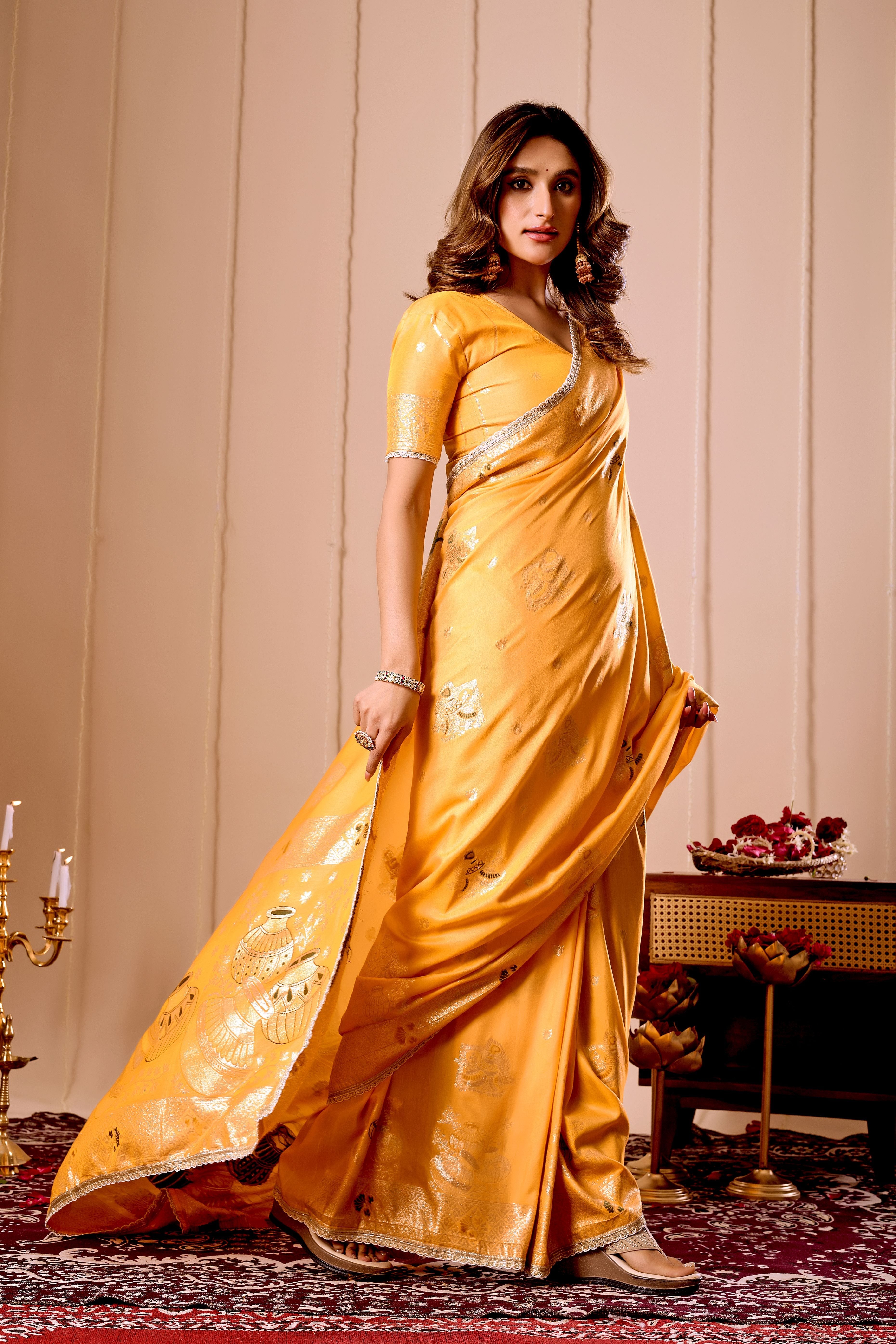 Elegant Mustard Yellow Satin Silk by Icultuer with Intricate Gold Zari Weaving and Traditional Pot Motif Pallu