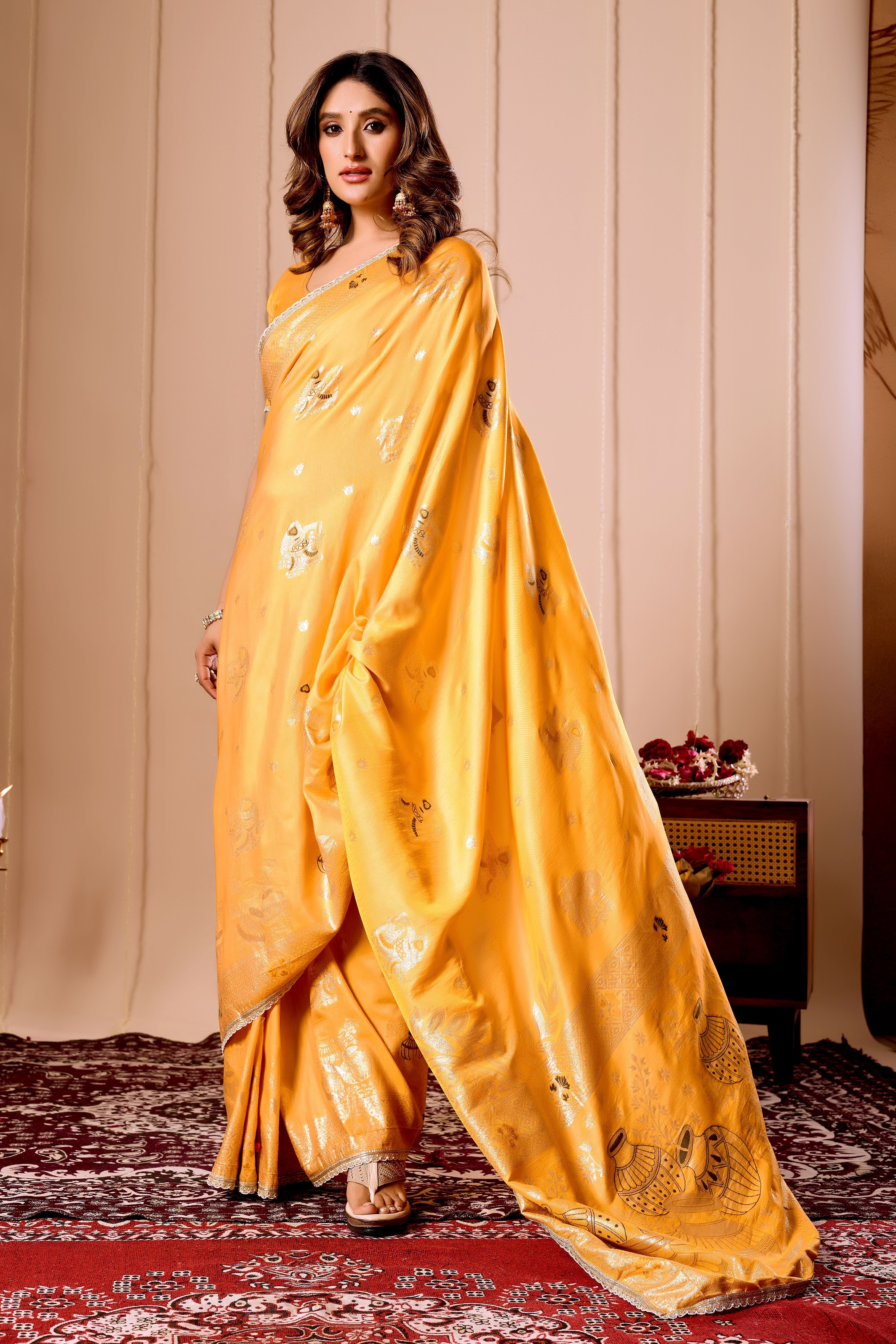 Elegant Mustard Yellow Satin Silk by Icultuer with Intricate Gold Zari Weaving and Traditional Pot Motif Pallu