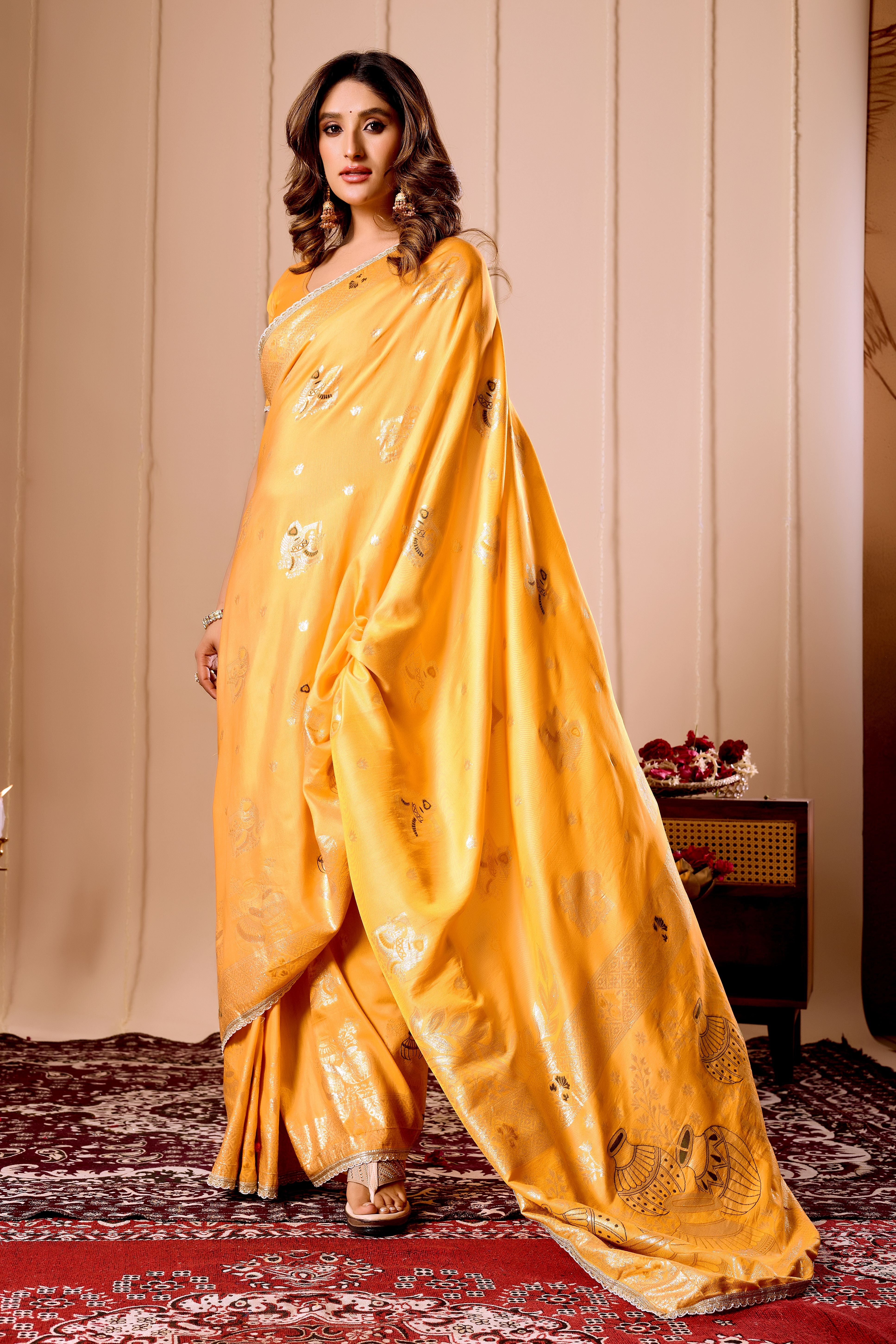 Elegant Mustard Yellow Satin Silk Saree with Intricate Gold Zari Weaving and Traditional Pot Motif Pallu