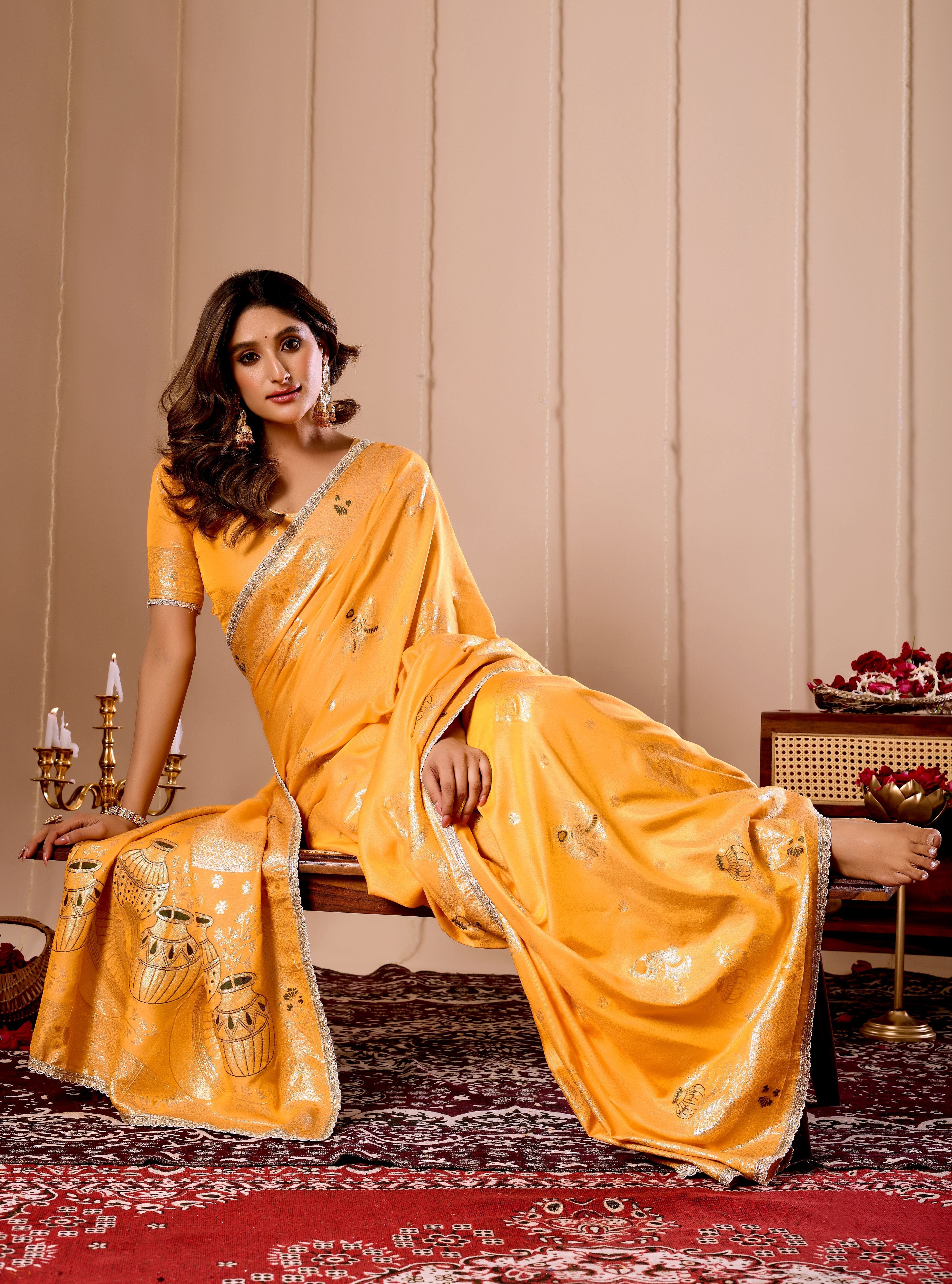Elegant Mustard Yellow Satin Silk by Icultuer with Intricate Gold Zari Weaving and Traditional Pot Motif Pallu
