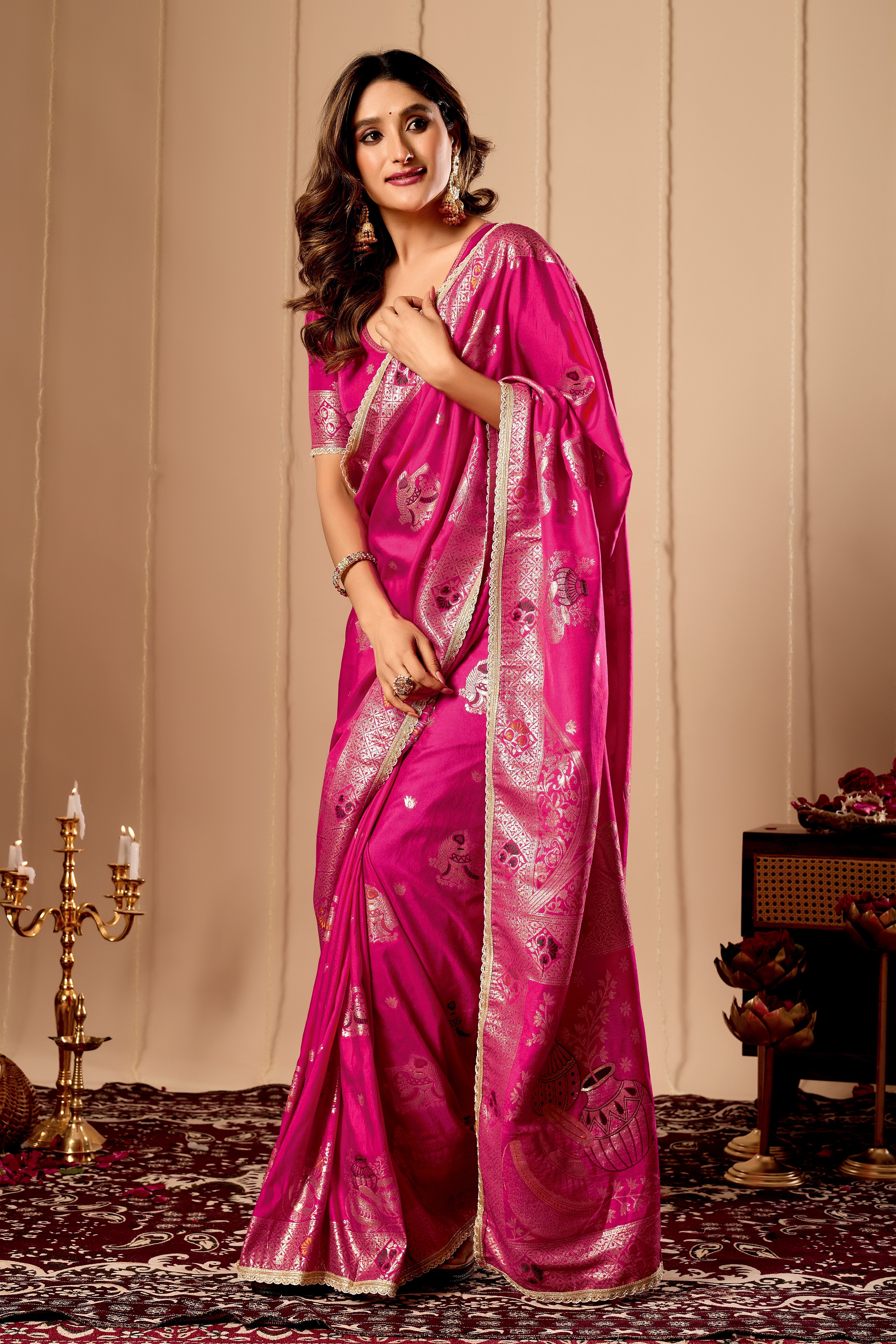 Luxurious Fuchsia Pink  Satin Silk by Icultuer with Rich Gold Zari Weaving and Traditional Motif Pallu
