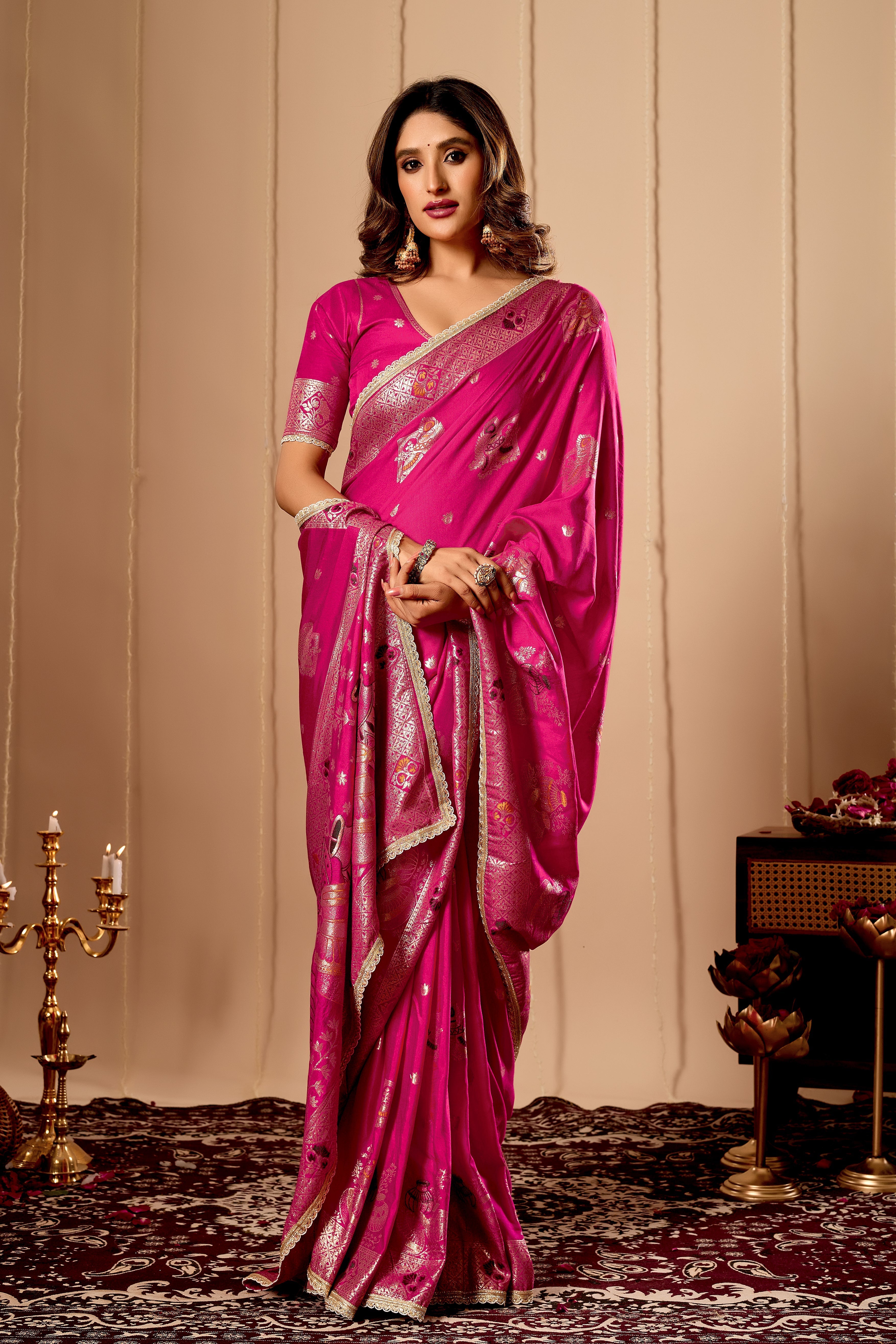 Luxurious Fuchsia Pink  Satin Silk by Icultuer with Rich Gold Zari Weaving and Traditional Motif Pallu