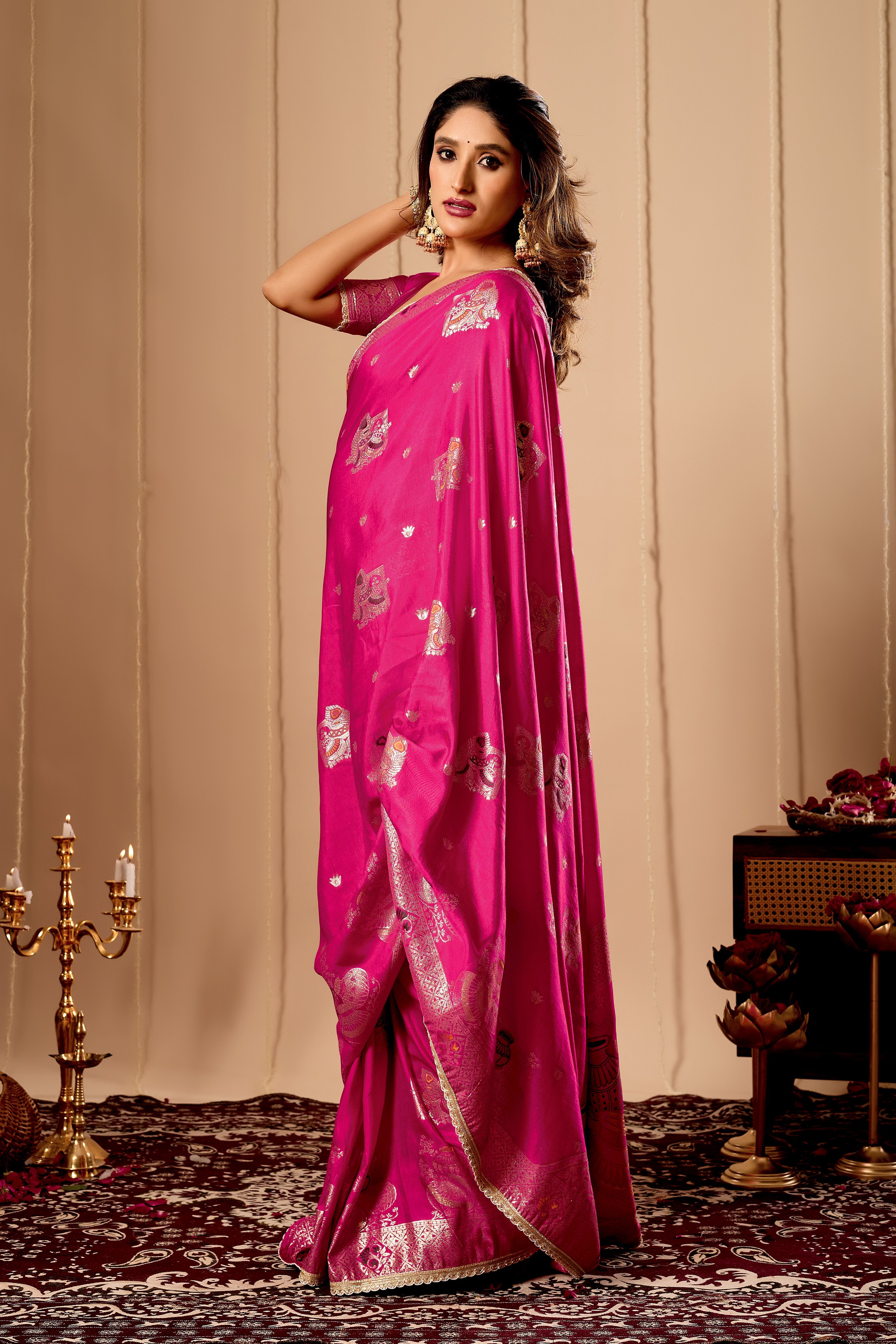 Luxurious Fuchsia Pink  Satin Silk by Icultuer with Rich Gold Zari Weaving and Traditional Motif Pallu