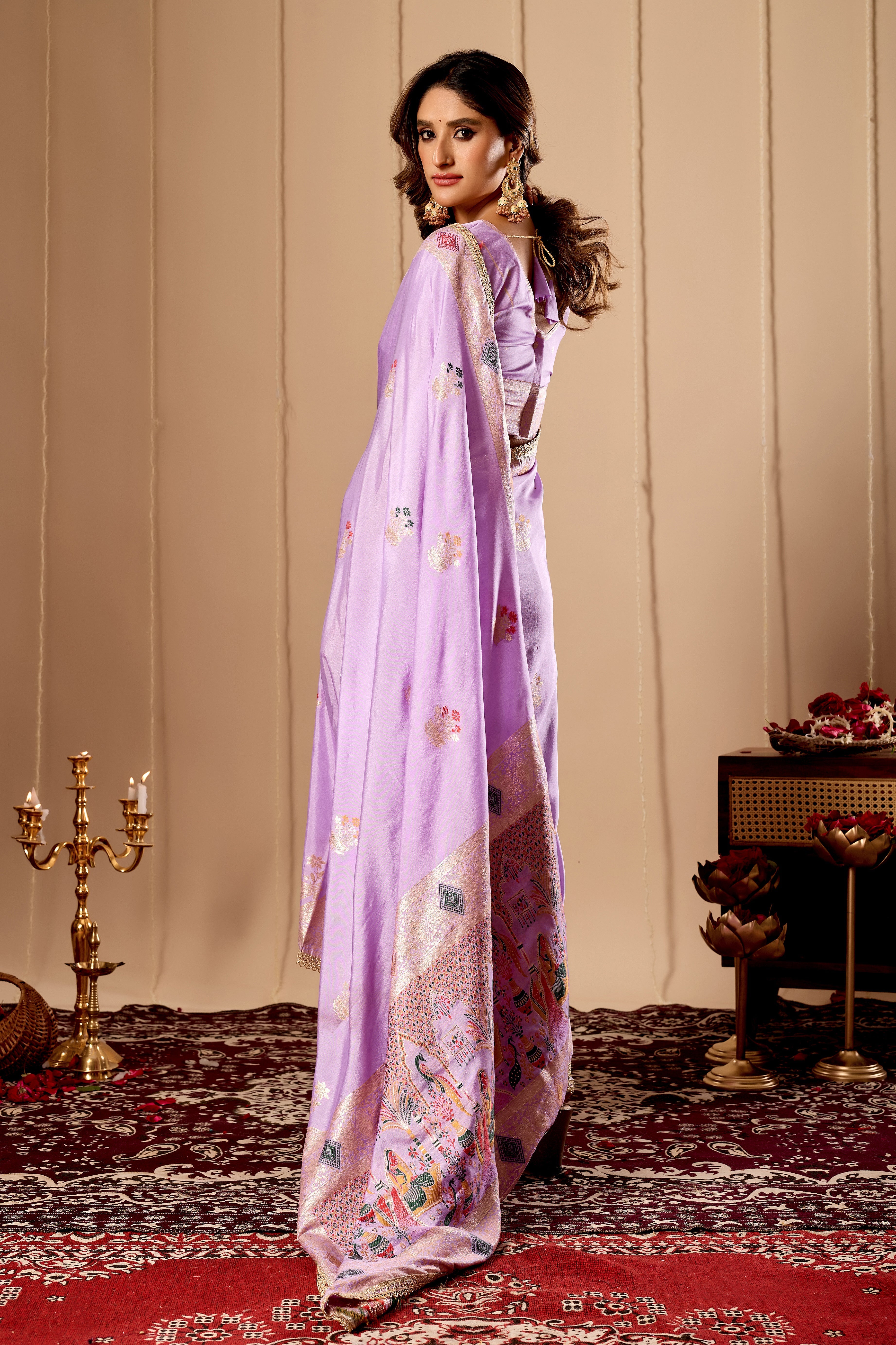 Elegant Lavender Lilac satin  Silk by Icultuer with Soft Gold Zari Weaving and Traditional Artistic Pallu