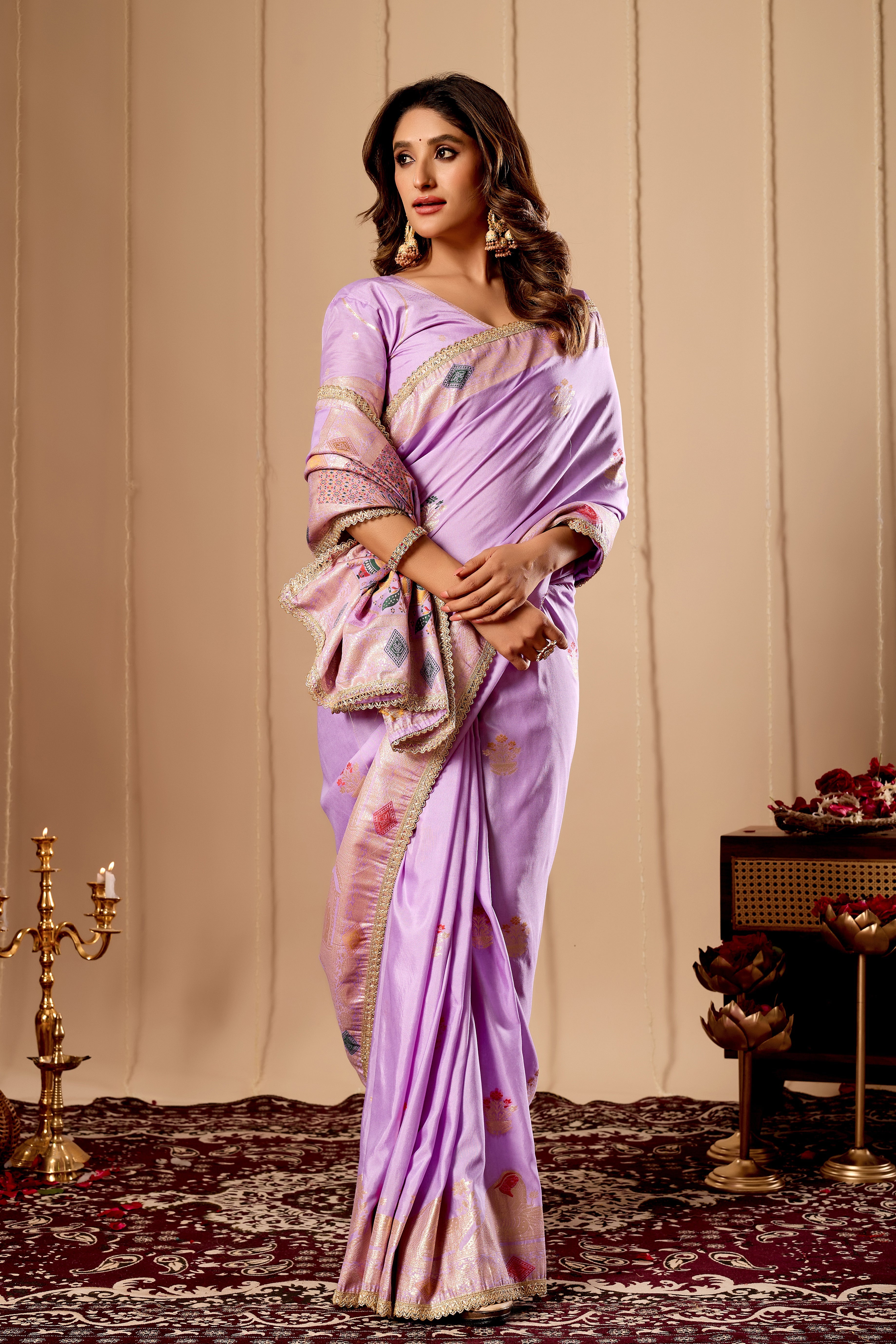 Elegant Lavender Lilac satin  Silk Saree with Soft Gold Zari Weaving and Traditional Artistic Pallu