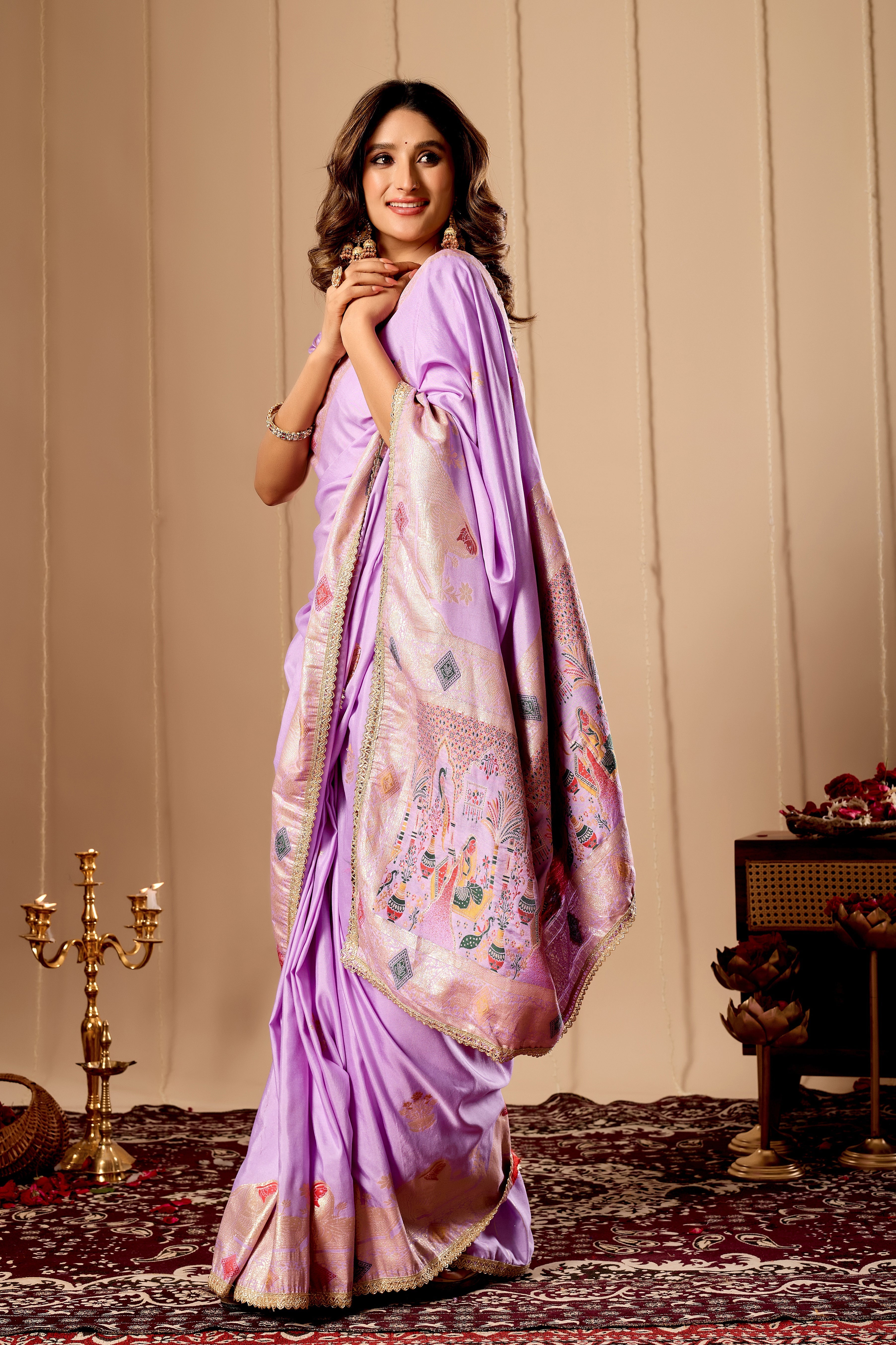 Elegant Lavender Lilac satin  Silk by Icultuer with Soft Gold Zari Weaving and Traditional Artistic Pallu