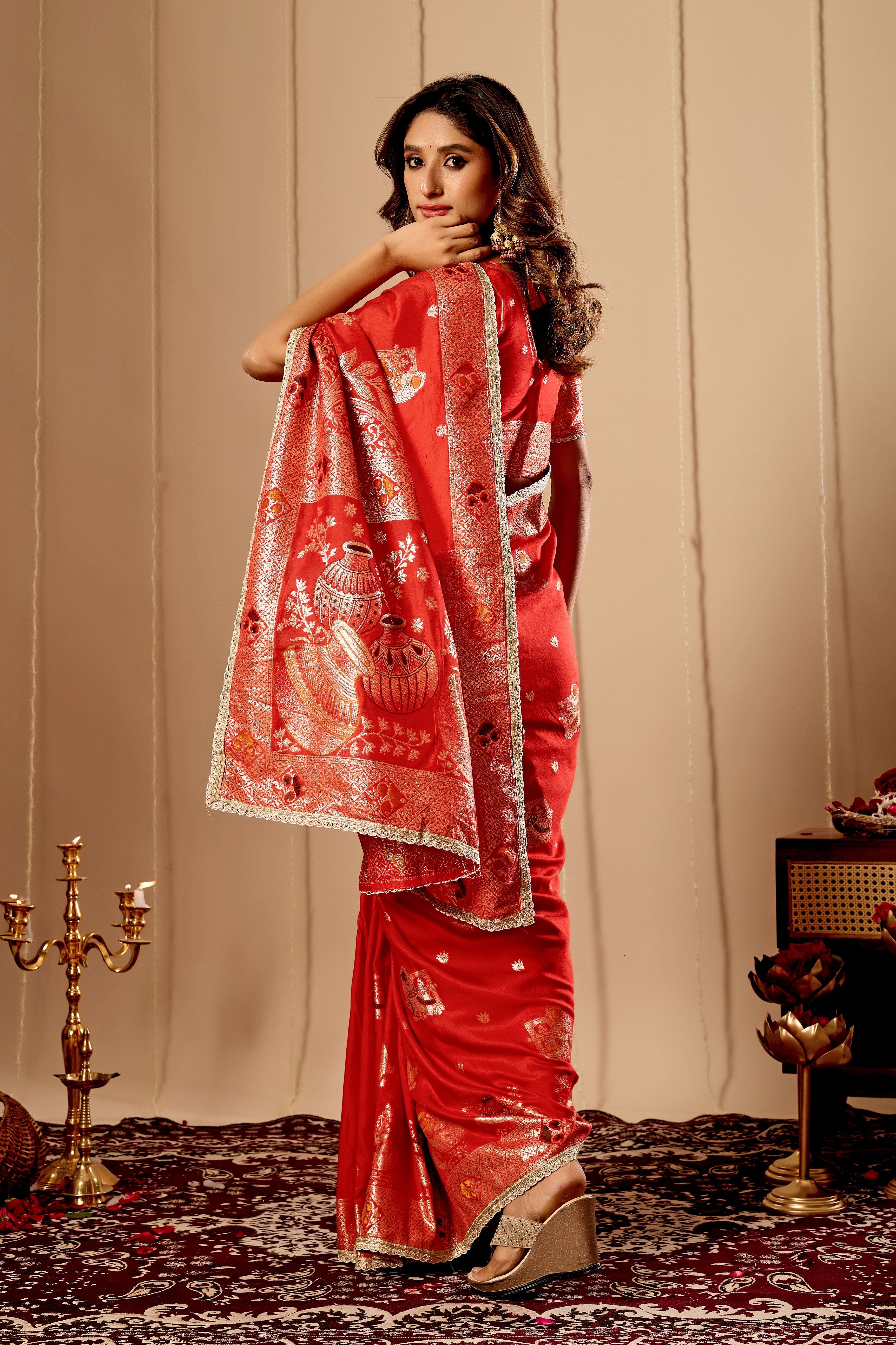 Sindoor Red Satin Heritage Silk Saree with Traditional Zari Motifs