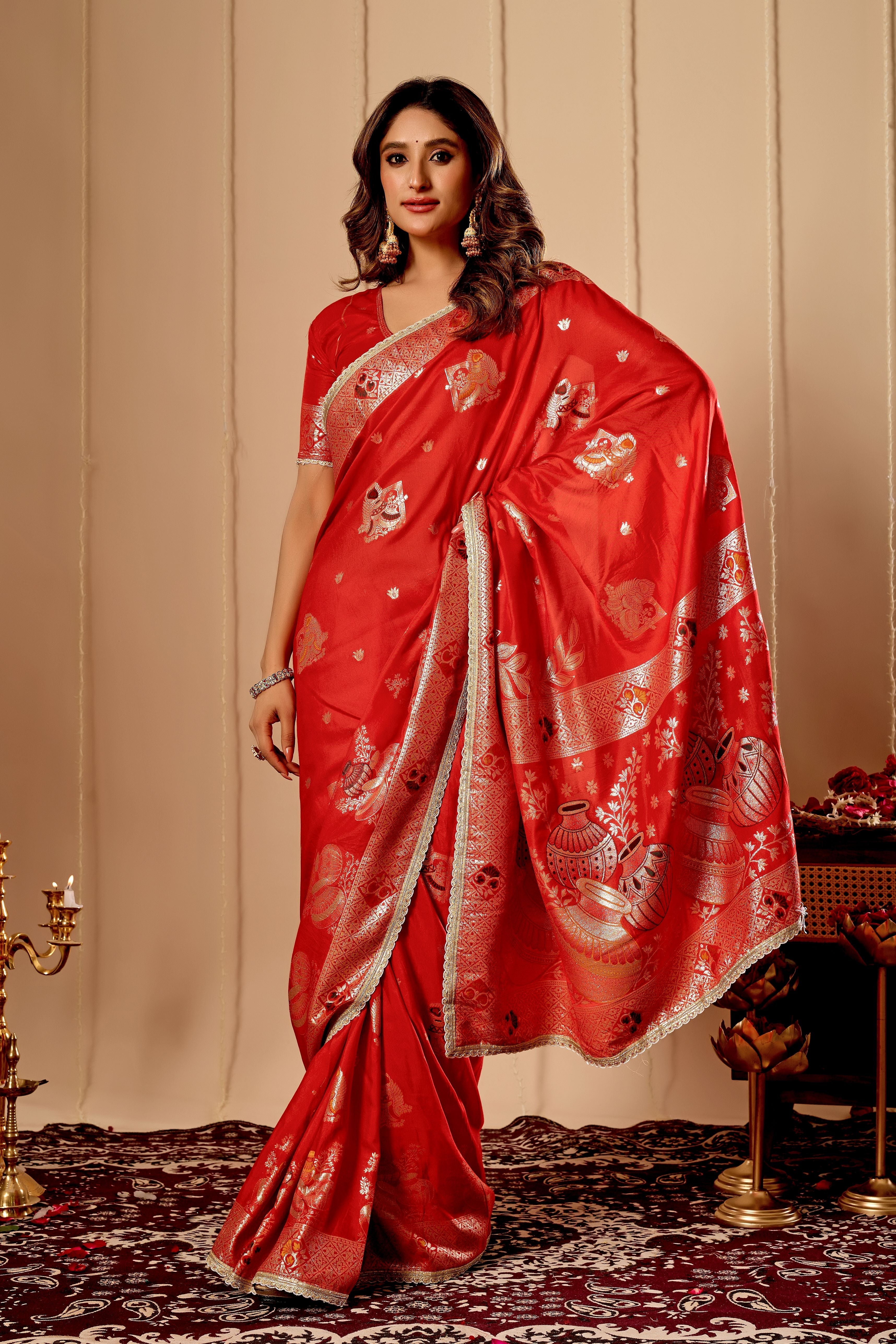 Sindoor Red Satin Heritage Silk by Icultuer with Traditional Zari Motifs
